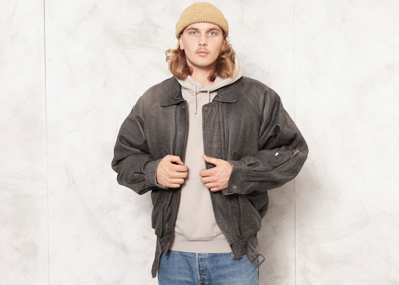 Grey Leather Jacket Men Vintage 90s Oversized Men'