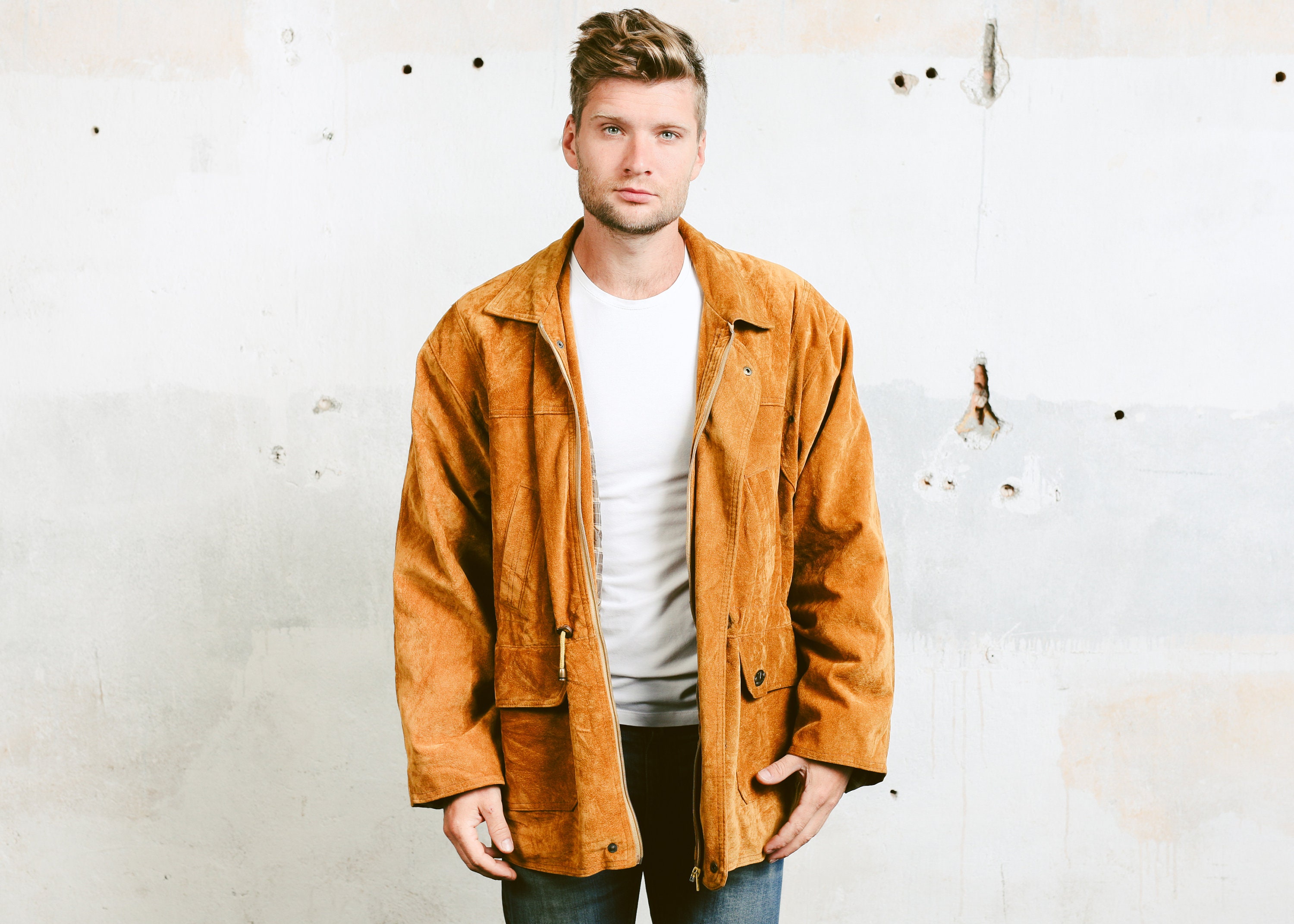 Men's Faux Suede Parka Coat . Oversized Jacket Orange Coat Vintage ...