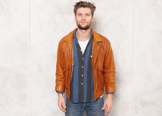 80's Leather Jacket Vintage Men Brown Bomber Jacke