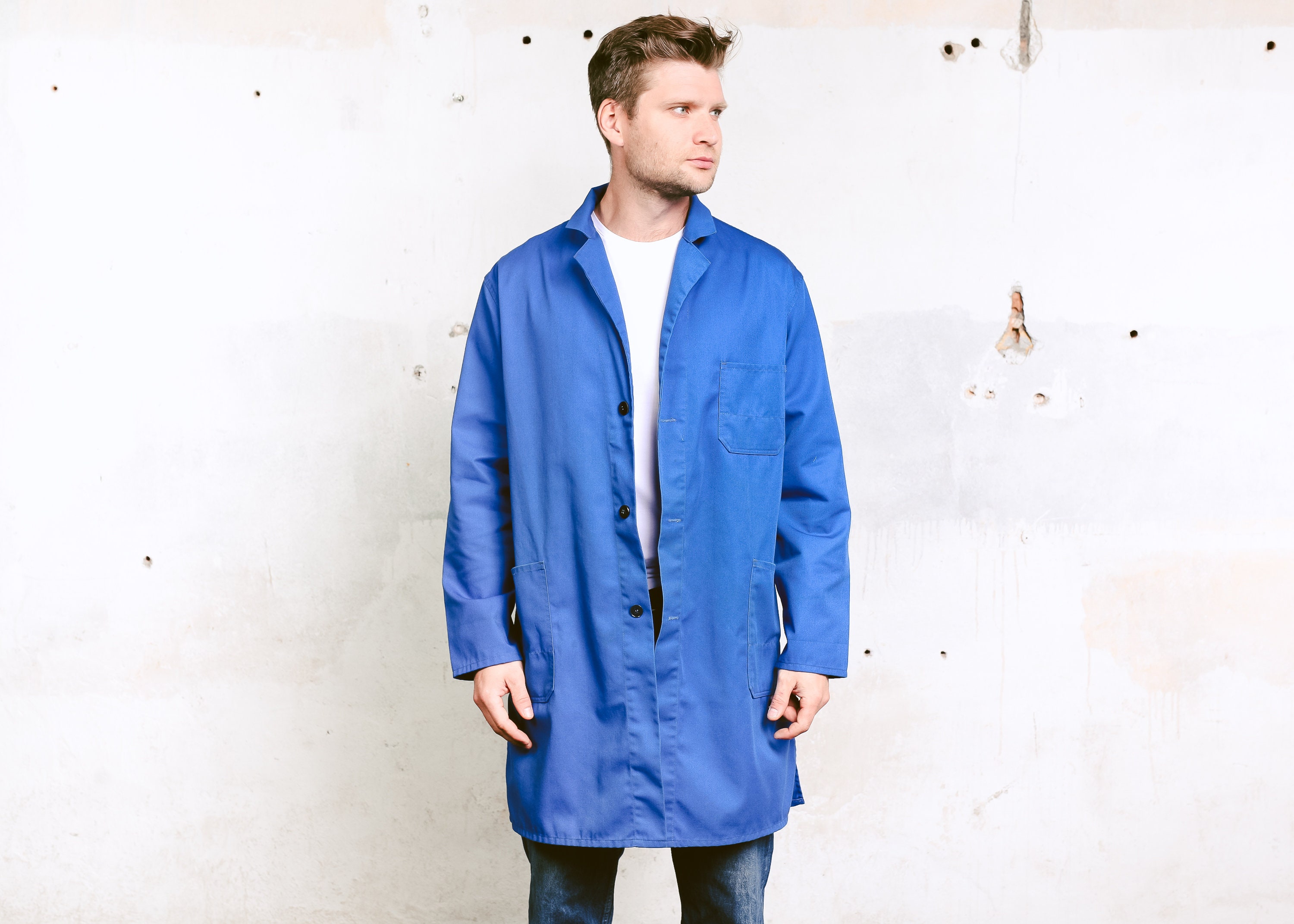 Vintage Blue Work Coat . Men 80s Chore Coat Men Workwear Canvas Blue