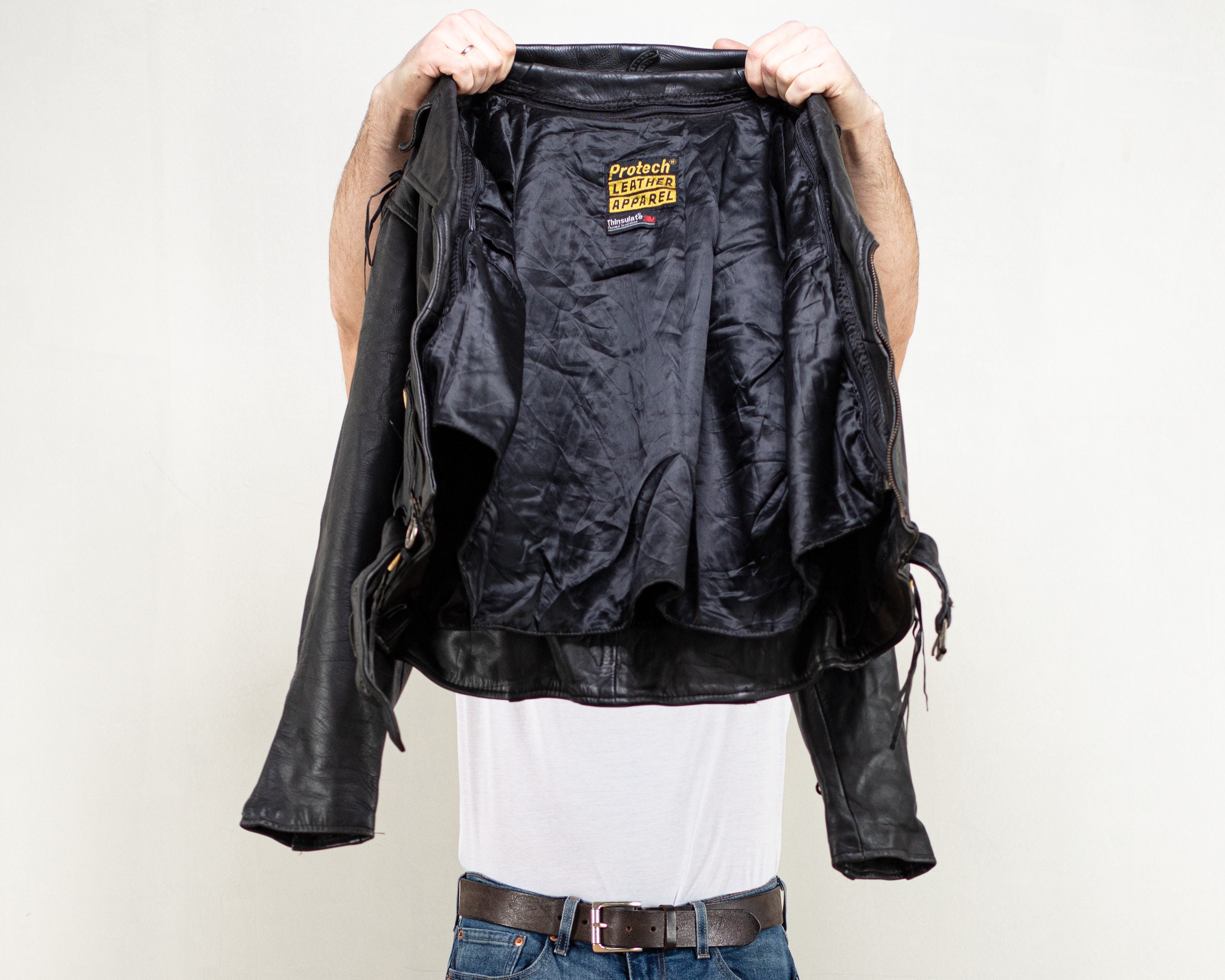 Vintage Protech Black Leather Biker Jacket black side zip 1990s punk