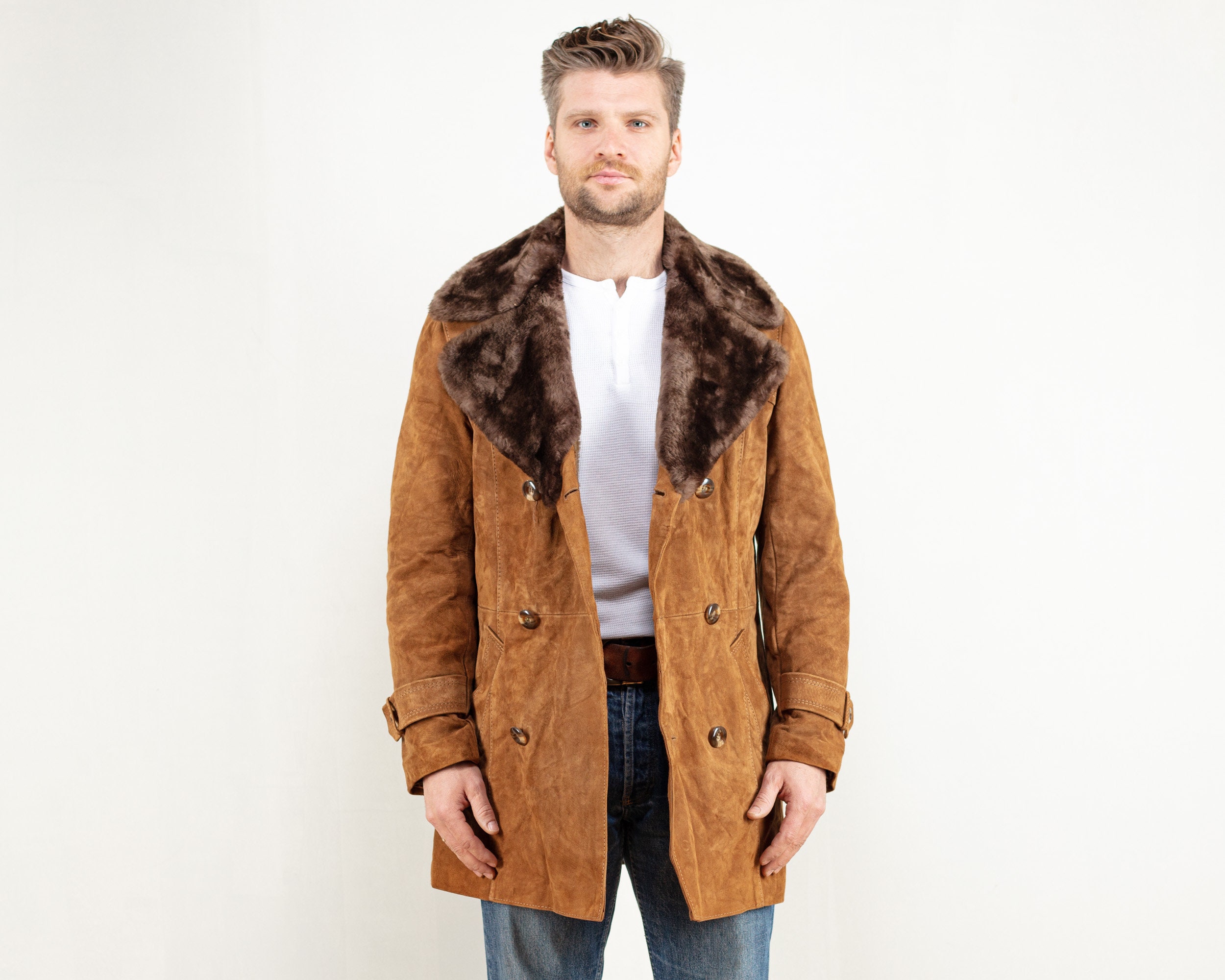 70's Brown Suede Sherpa Coat Men 80s 