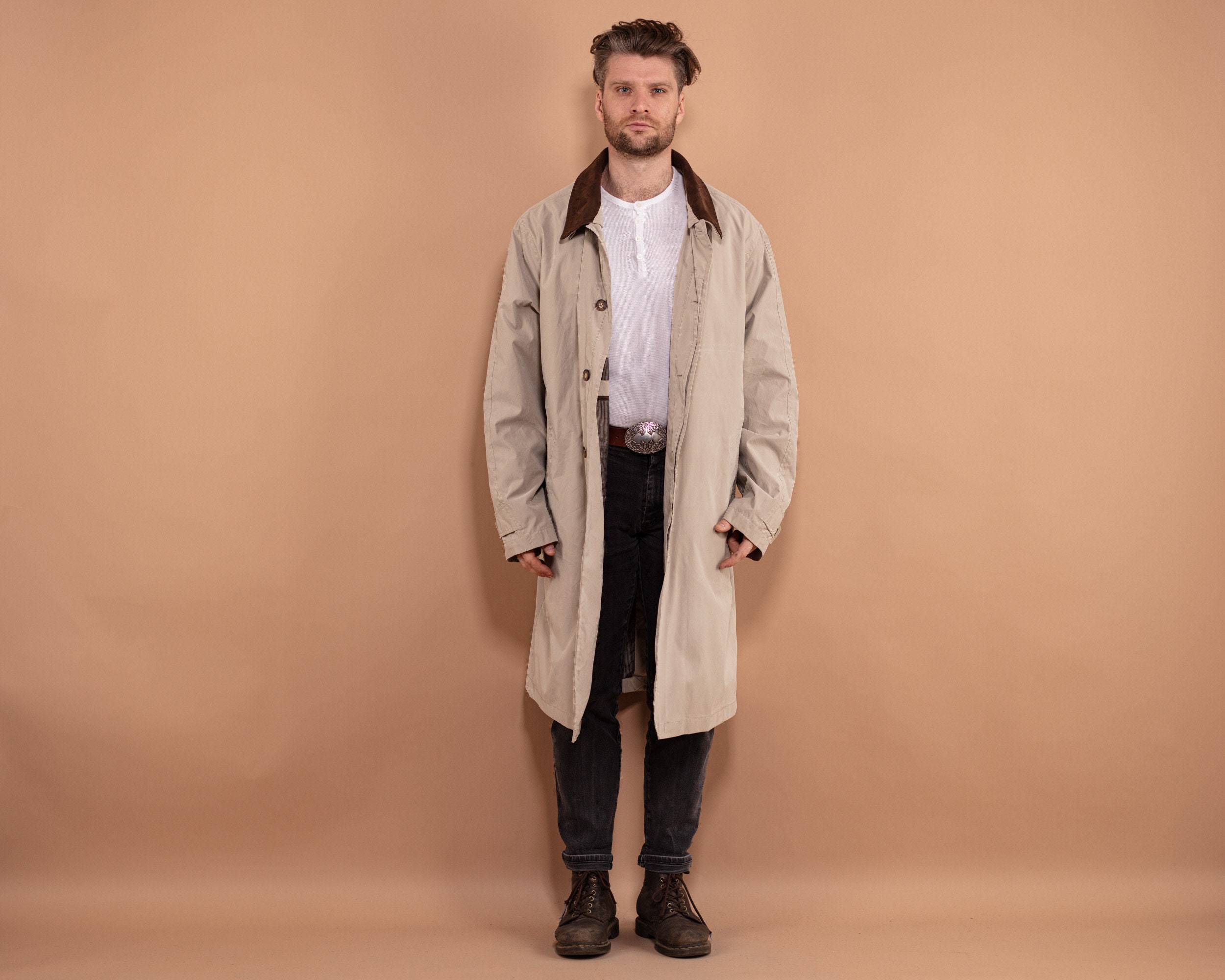 ジャケット・アウター 90s Angora Maxi Single Breasted Coat Vintage 90s Oversized Mac Coat: Beige Retro Commuter Outerwear