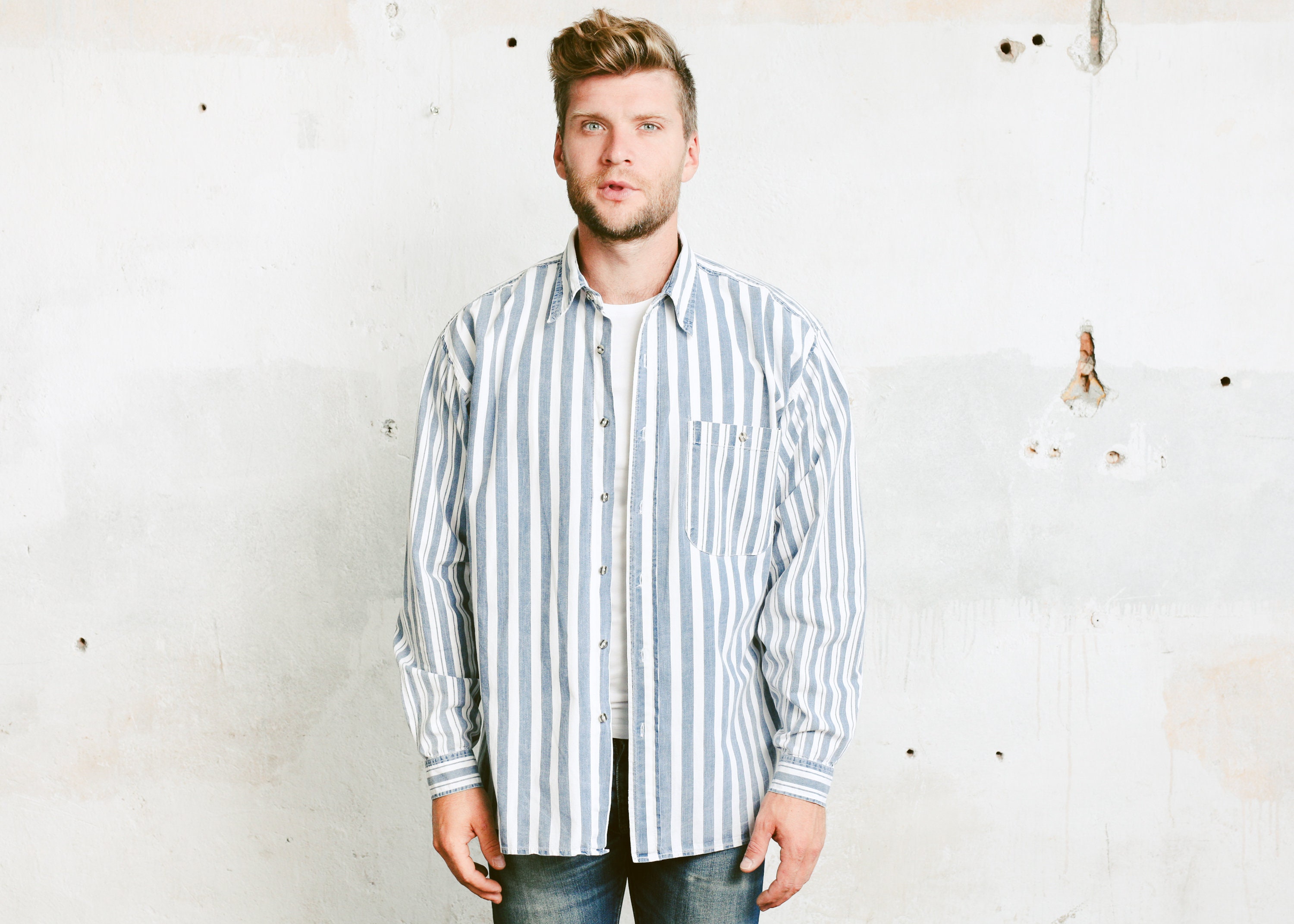 Men's Striped Blue White Shirt . Denim Chambray Shirt Vintage 80s Shirt ...