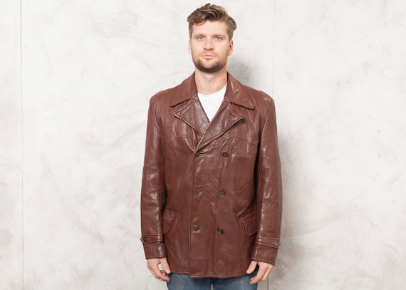 Vintage Leather Coat 70s Men Leather Jacket Double