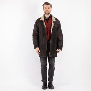 90&#39;s Men Brown Sheepskin Coat, Size L Vintage Shearling Coat, Retro Leather Coat, Yellowstone Coat, Rugged Western Sheep Coat, Mens Clothing