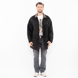 90s Men&#39;s Black Sheepskin Coat, Size L Men Sheepskin Coat, Black Leather Coat, Old Country Style, Black Shearling, Mens Clothing, Americana