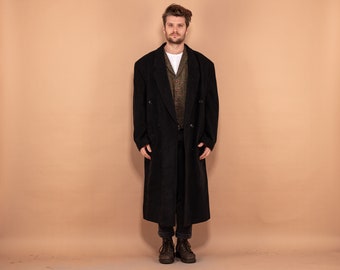 Men Wool Blend Maxi Coat 80's, Size XL, Vintage Minimalist Coat, Dark Gray Wool Overcoat, Oversized Men Topcoat, Classy Long Coat