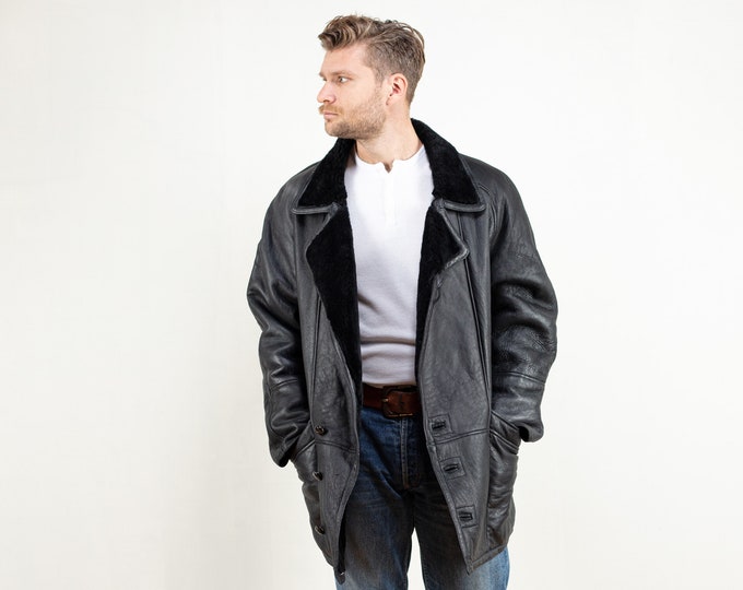 80's Black Sheepskin Coat vintage shearling coat western sheep fur coat winter overcoat vintage fur coat men size extra large xl