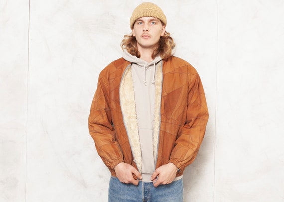 Leather Patchwork Jacket 70s Vintage Men Bomber Ja