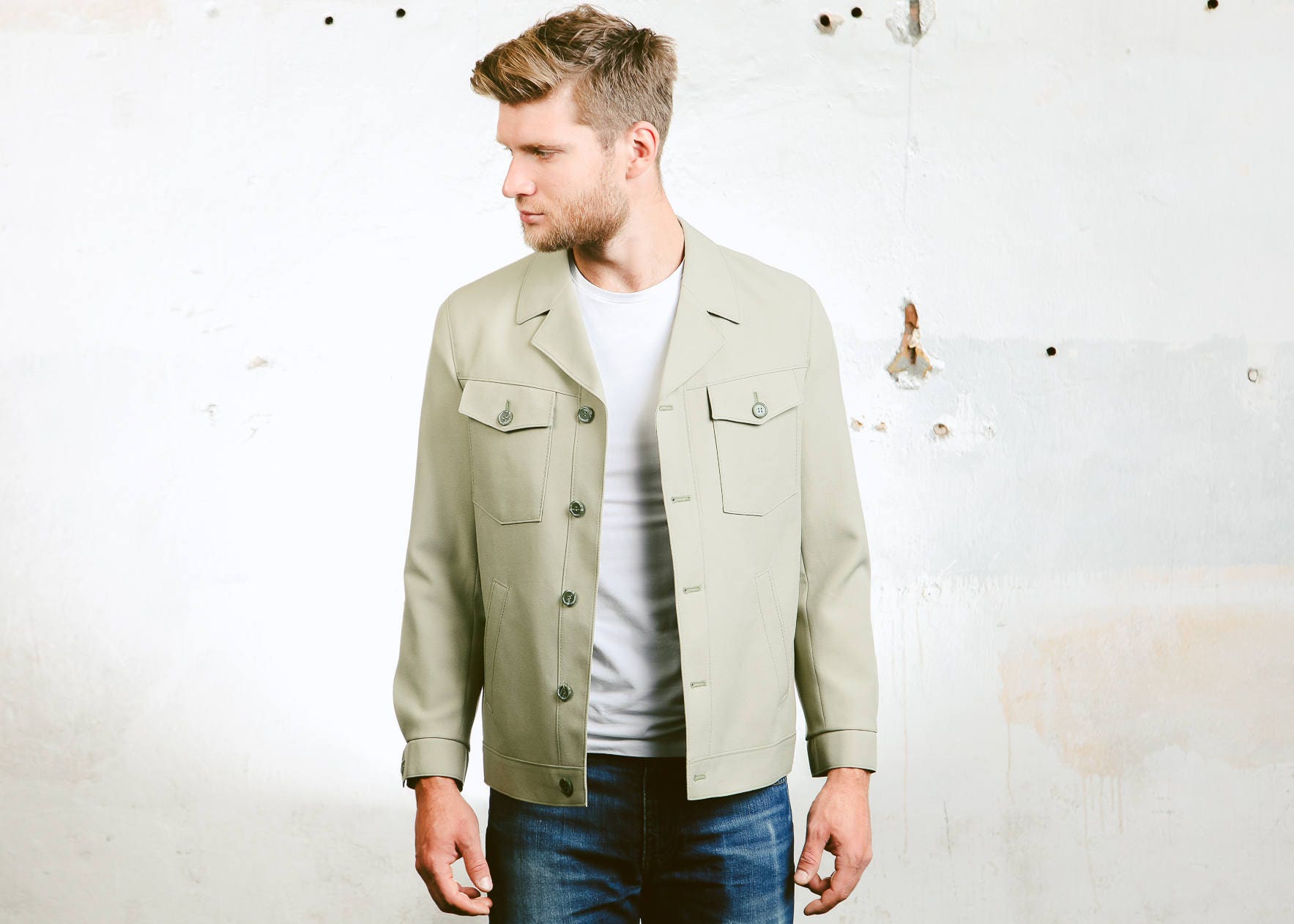Men 70s Jacket . Sage Green Garage Jacket Vintage Rockabilly Button