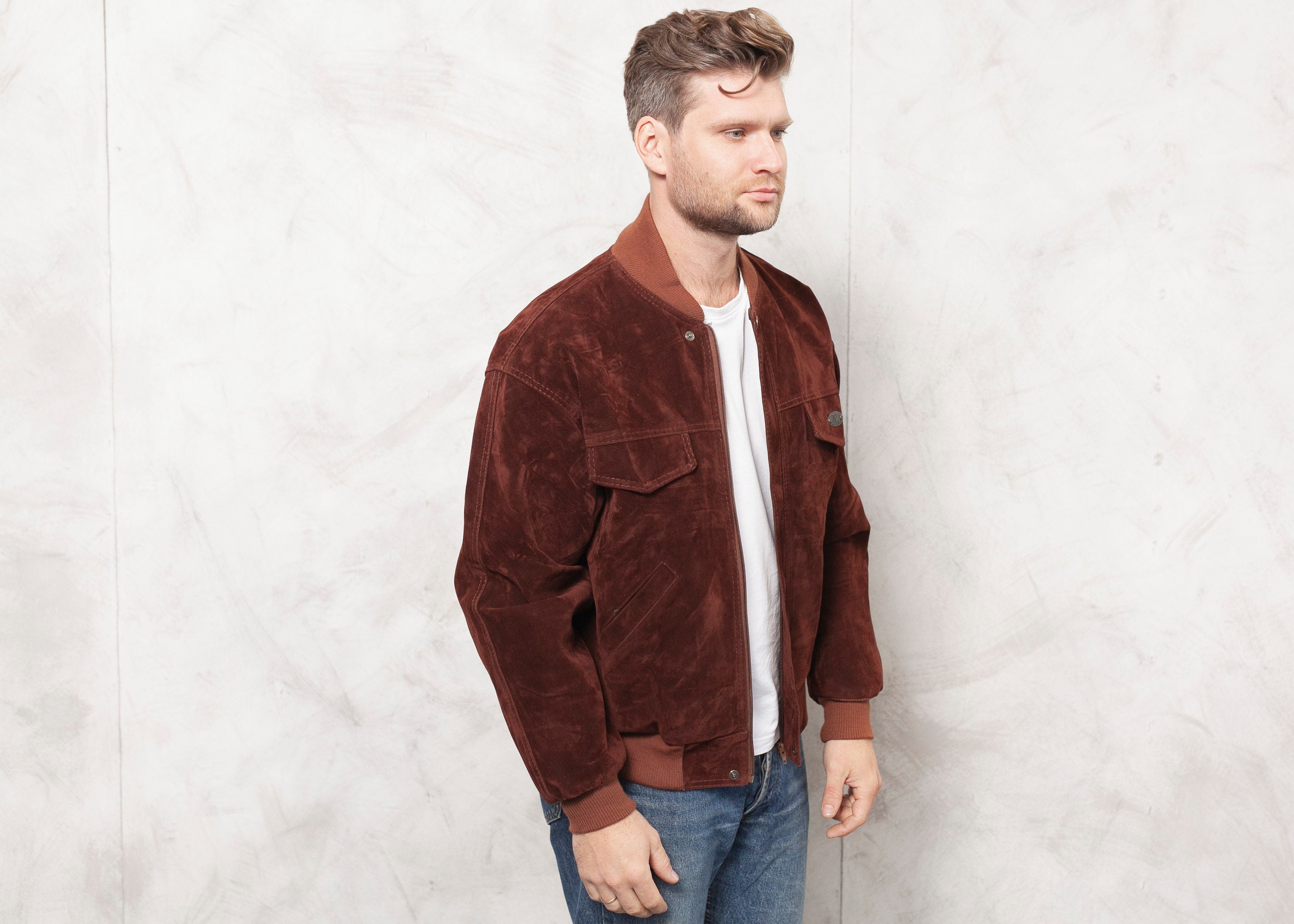 90s Velour Bomber Jacket Vintage Velvet Zip Up Jacket Men's Faux Suede Jacket Brown Unisex