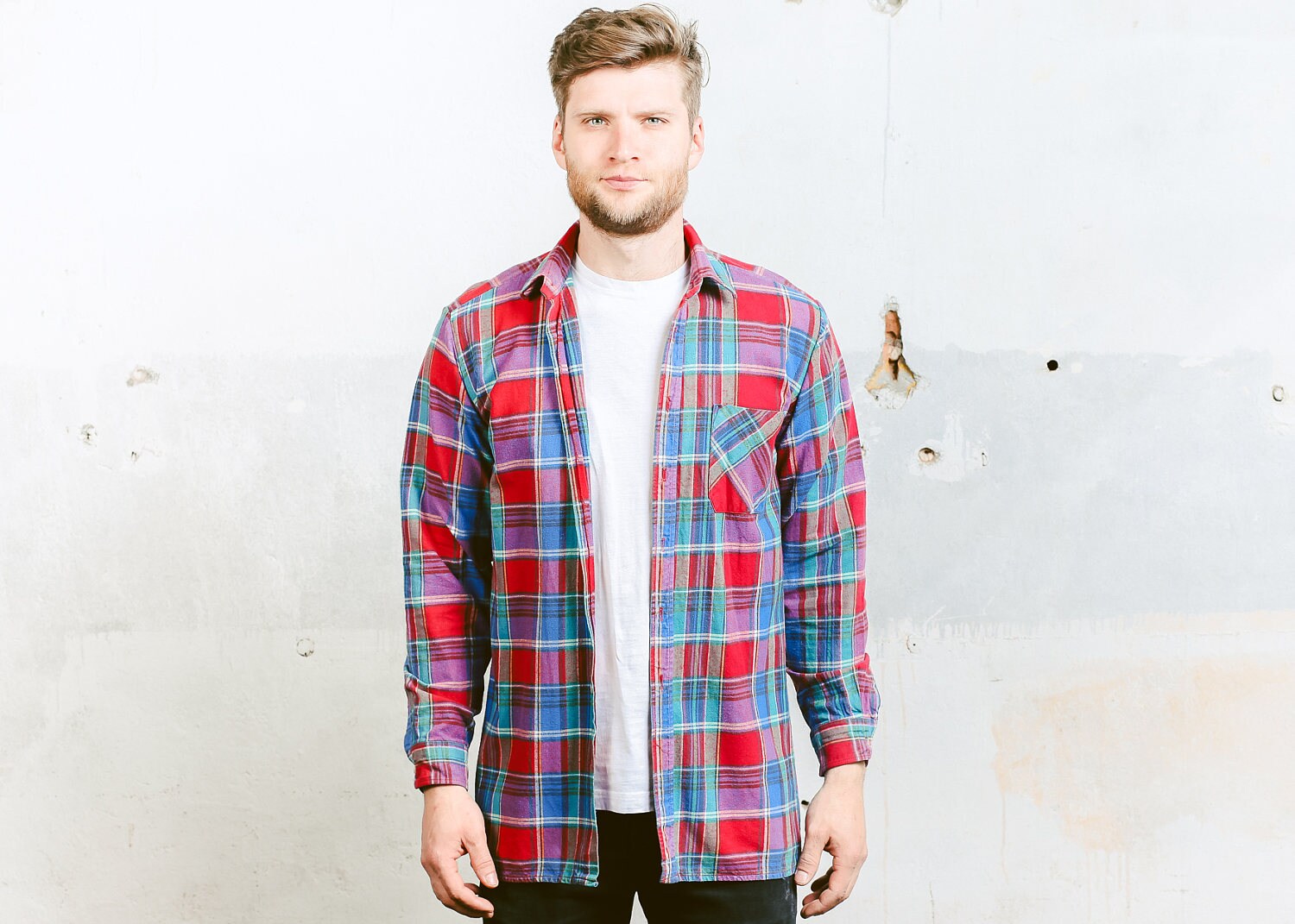 Plaid Flannel Shirt . Mens Vintage 90s Grunge Shirt Check Print Button ...