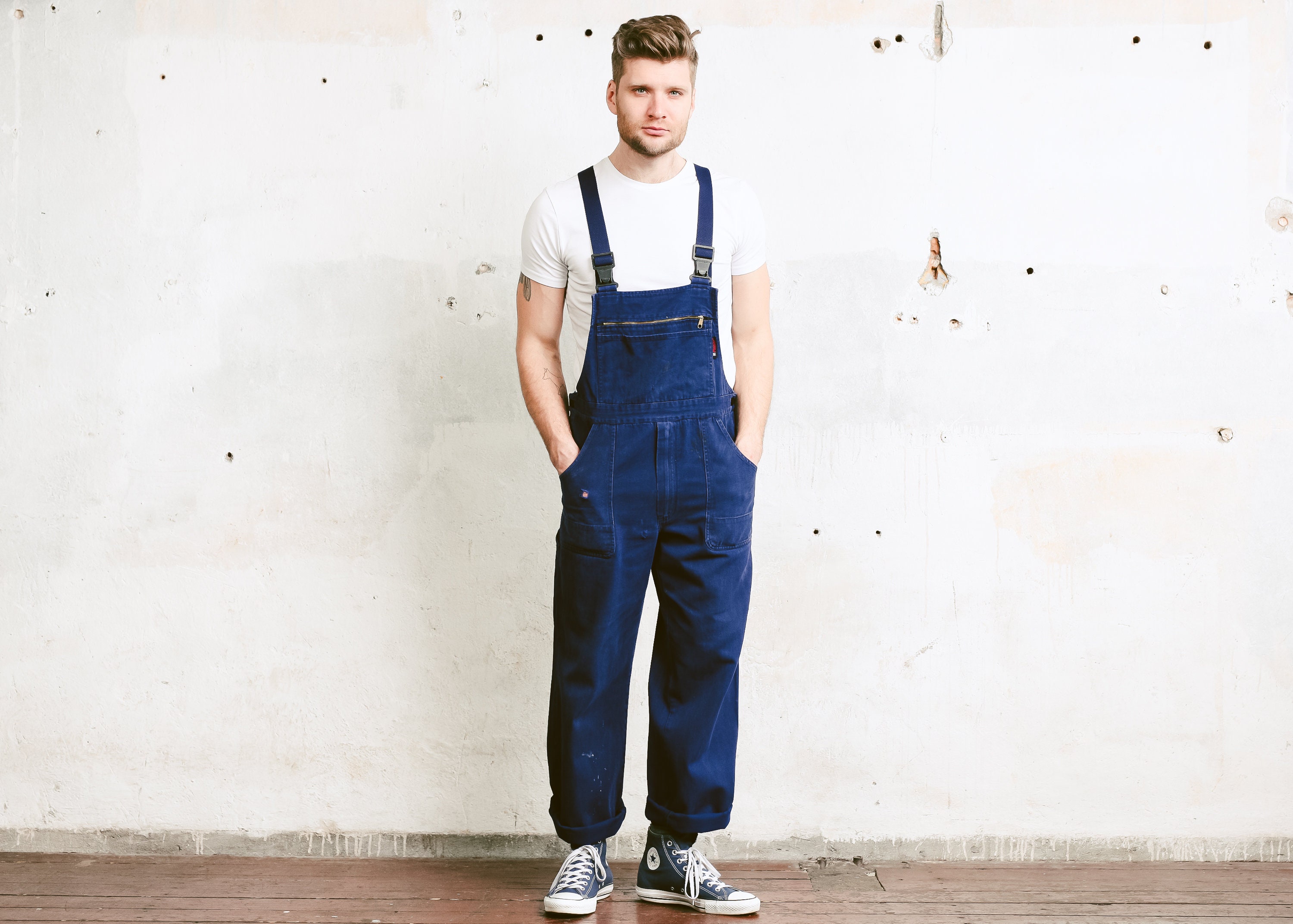 Vintage Men's Work Jumpsuit . Overalls Dark Blue Sanfor 1980s Garage