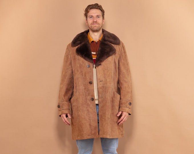 Men Belted Suede Coat 70's, Size Large, Vintage Long Winter Coat with Shearling Collar, Faux Sheepskin Coat, Western Coat, Retro Sherpa Coat