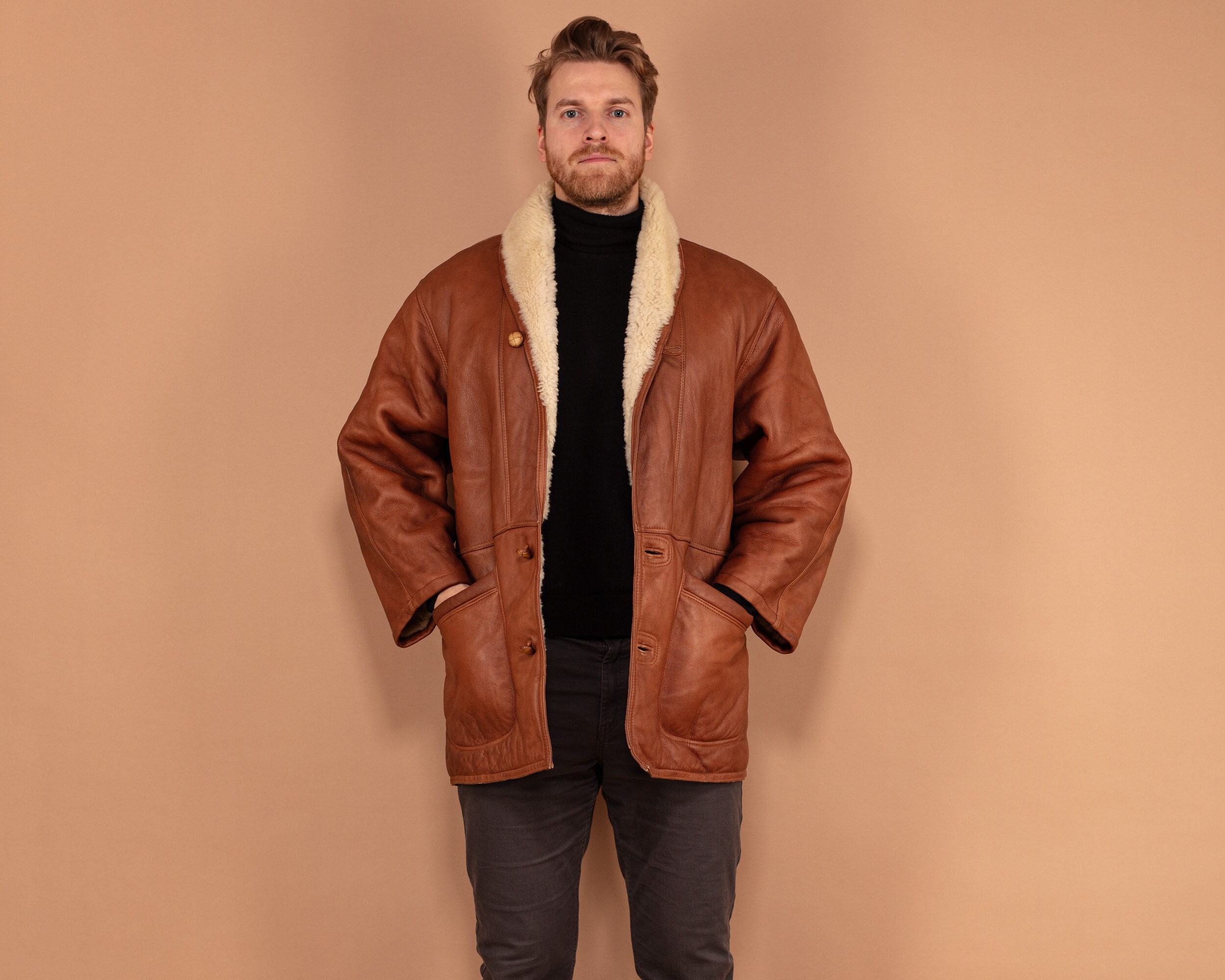 80s Shearling Coat, Size M Men Vintage Sheepskin Coat, Winter Overcoat,  Western Style Outerwear, Brown Retro Leather Coat, Heavy Coat