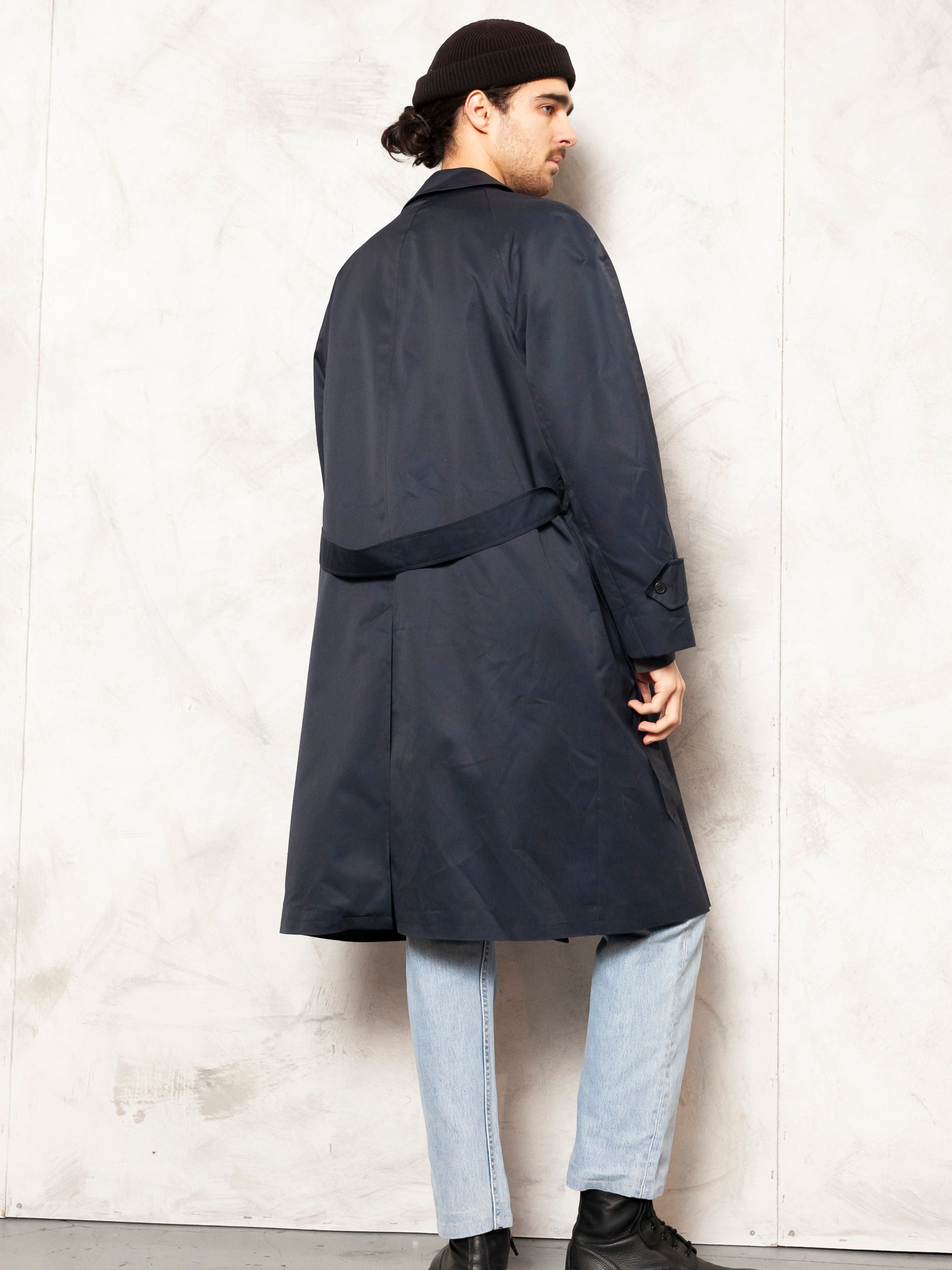 long navy duster coat