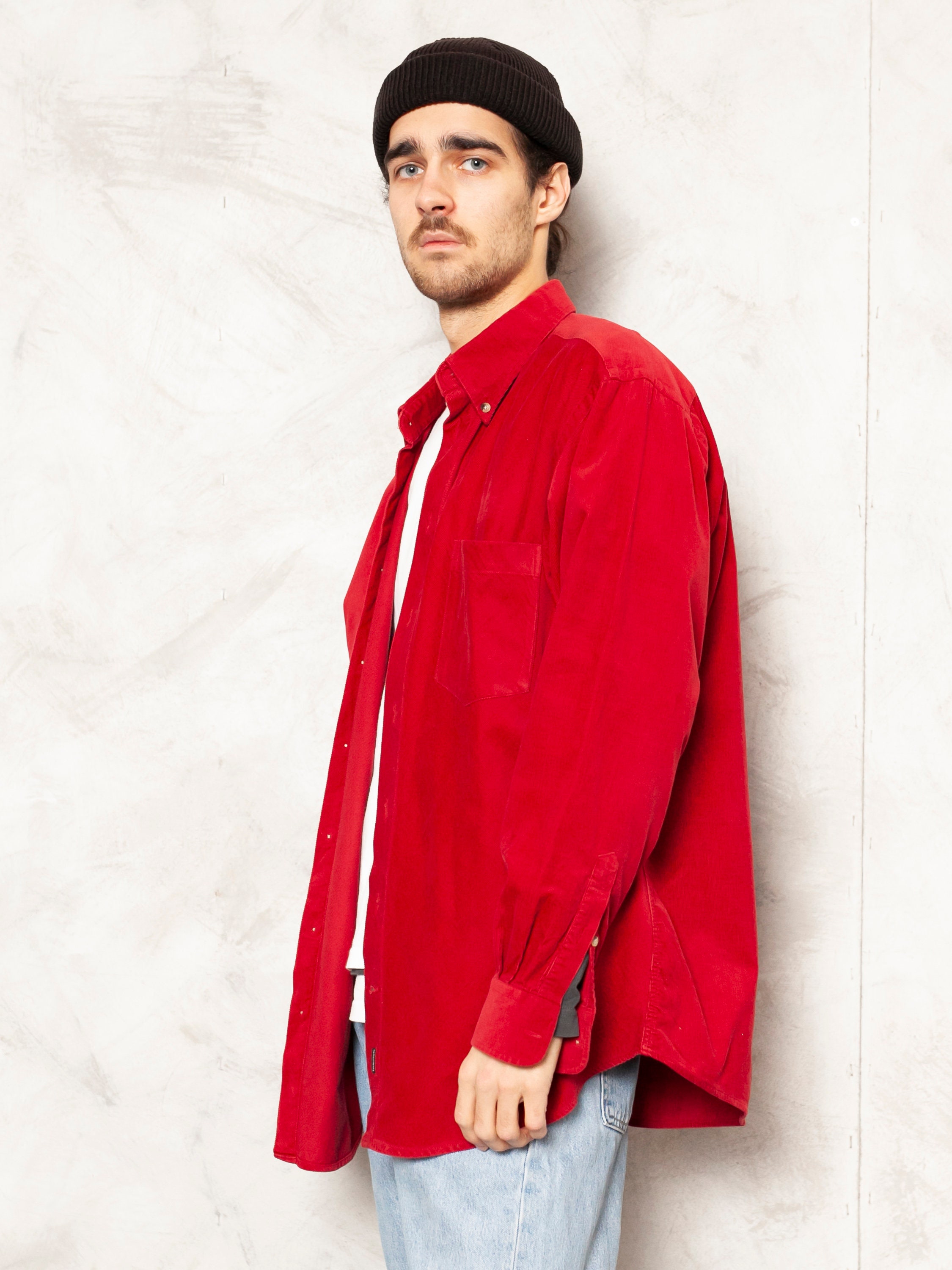 Red Corduroy Shirt vintage 90's bold soft cord button down long sleeve