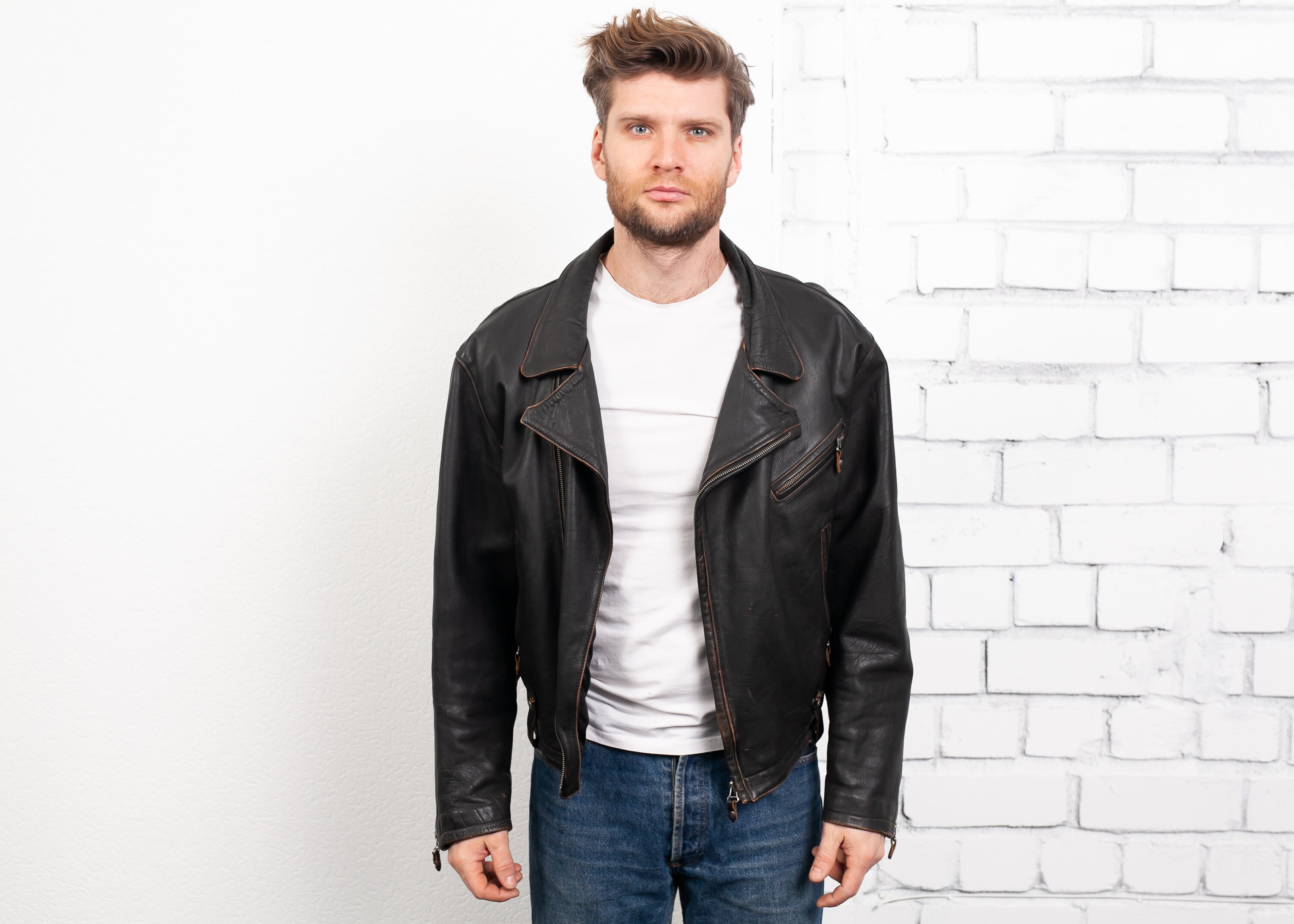 Vintage Men Side Zip Leather Jacket . Retro Men's Leather 70s Black