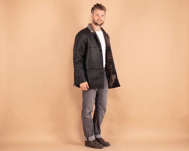 80s Black Sheepskin Coat, Men Size Medium M Sheepskin Coat, Men's