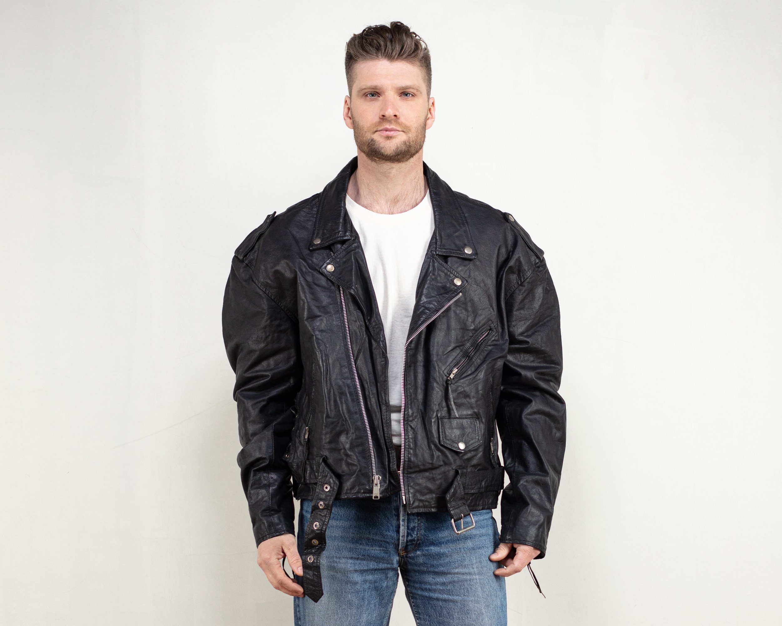 Vintage Men Leather biker jacket 90's black moto side zip jacket ...