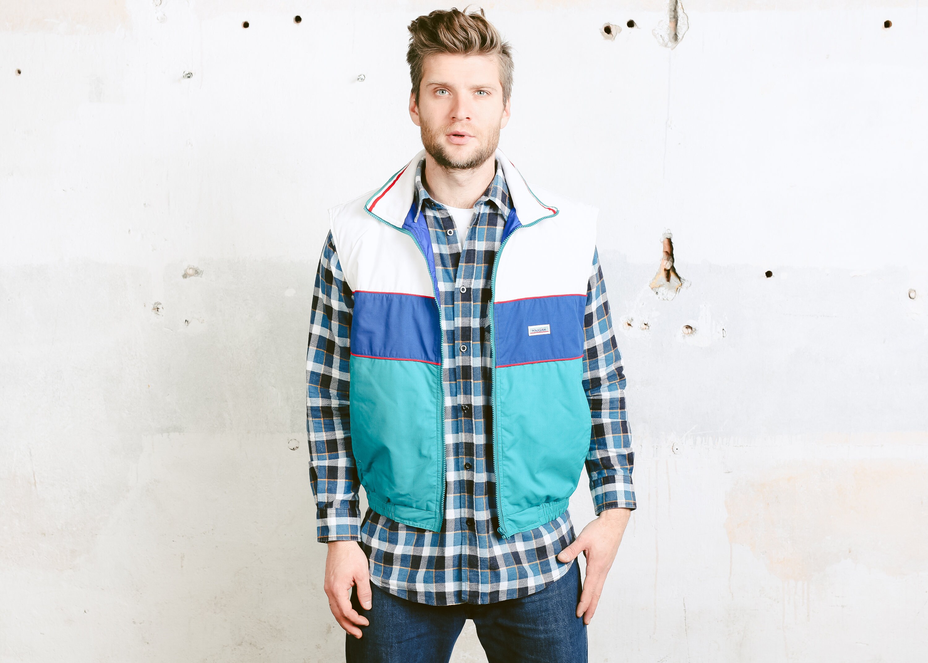 Men's Padded Ski Vest . Ski Gillet Vintage 80s Puffer Vest Coat Outerwear White Blue Waistcoat
