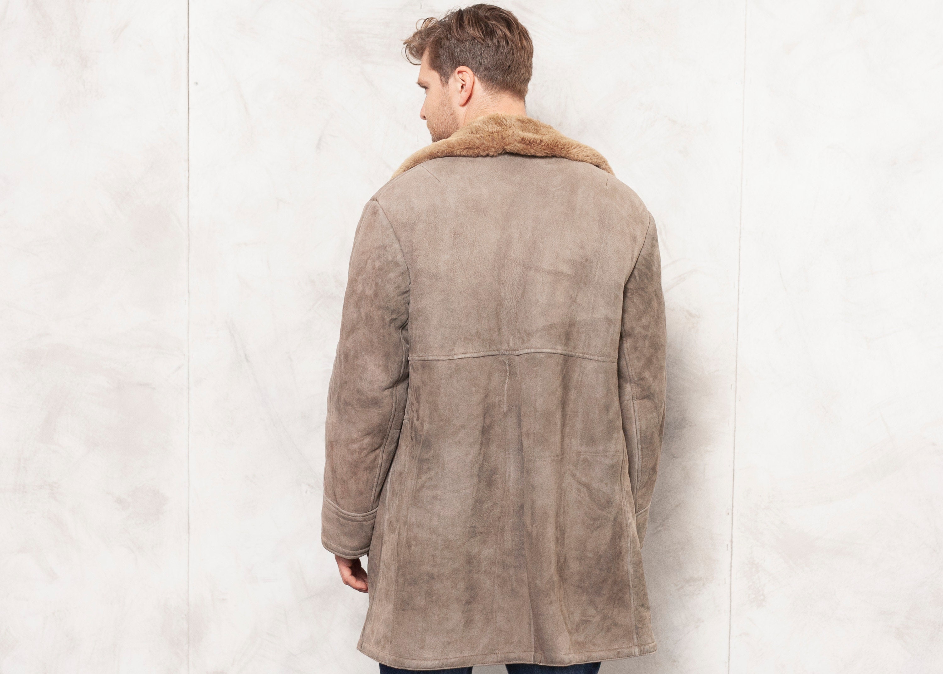 Grey Sheepskin Coat 70s Vintage Shearling Coat Sheep Jacket Outerwear Men Overcoat Vintage Men
