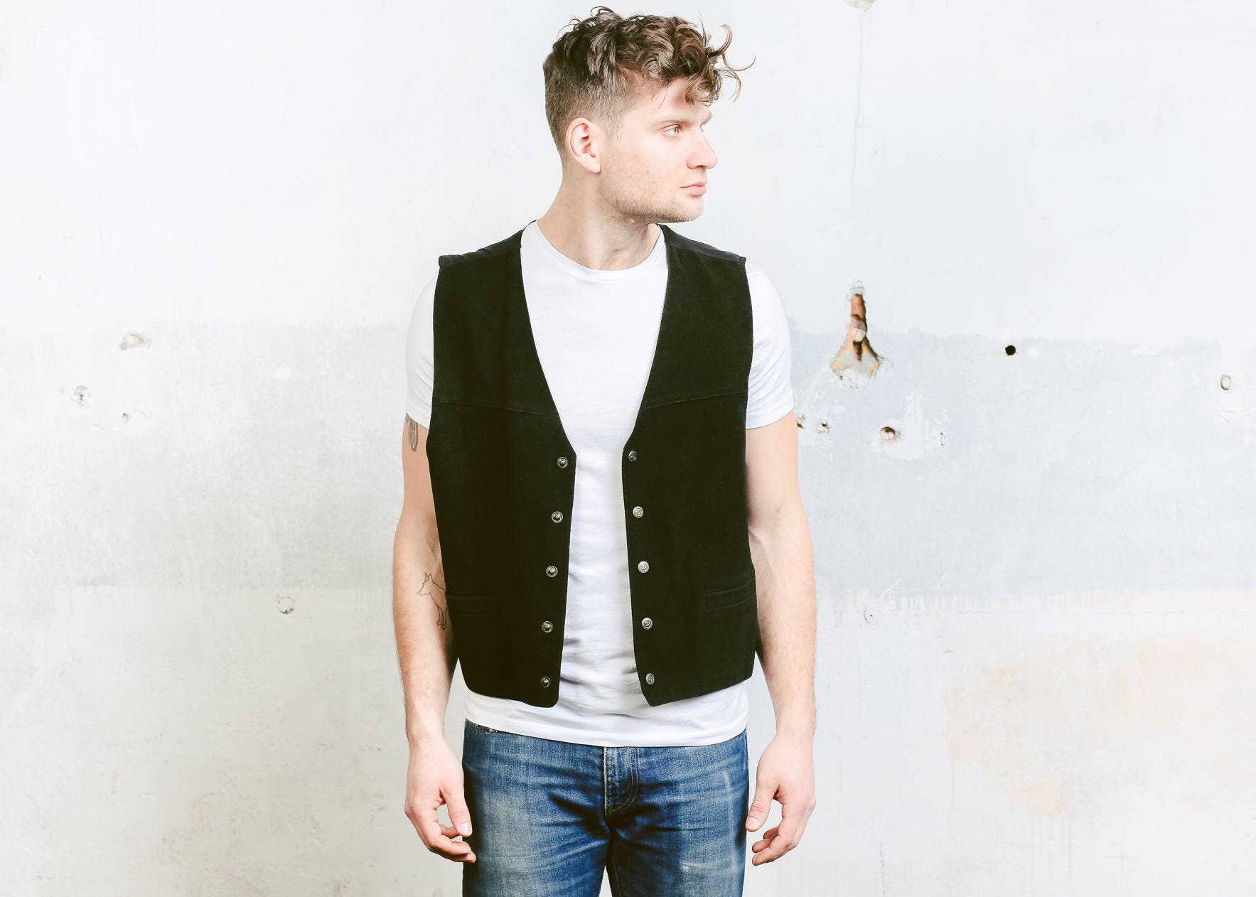90s Mens Black Suede Vest Vintage 1990s 