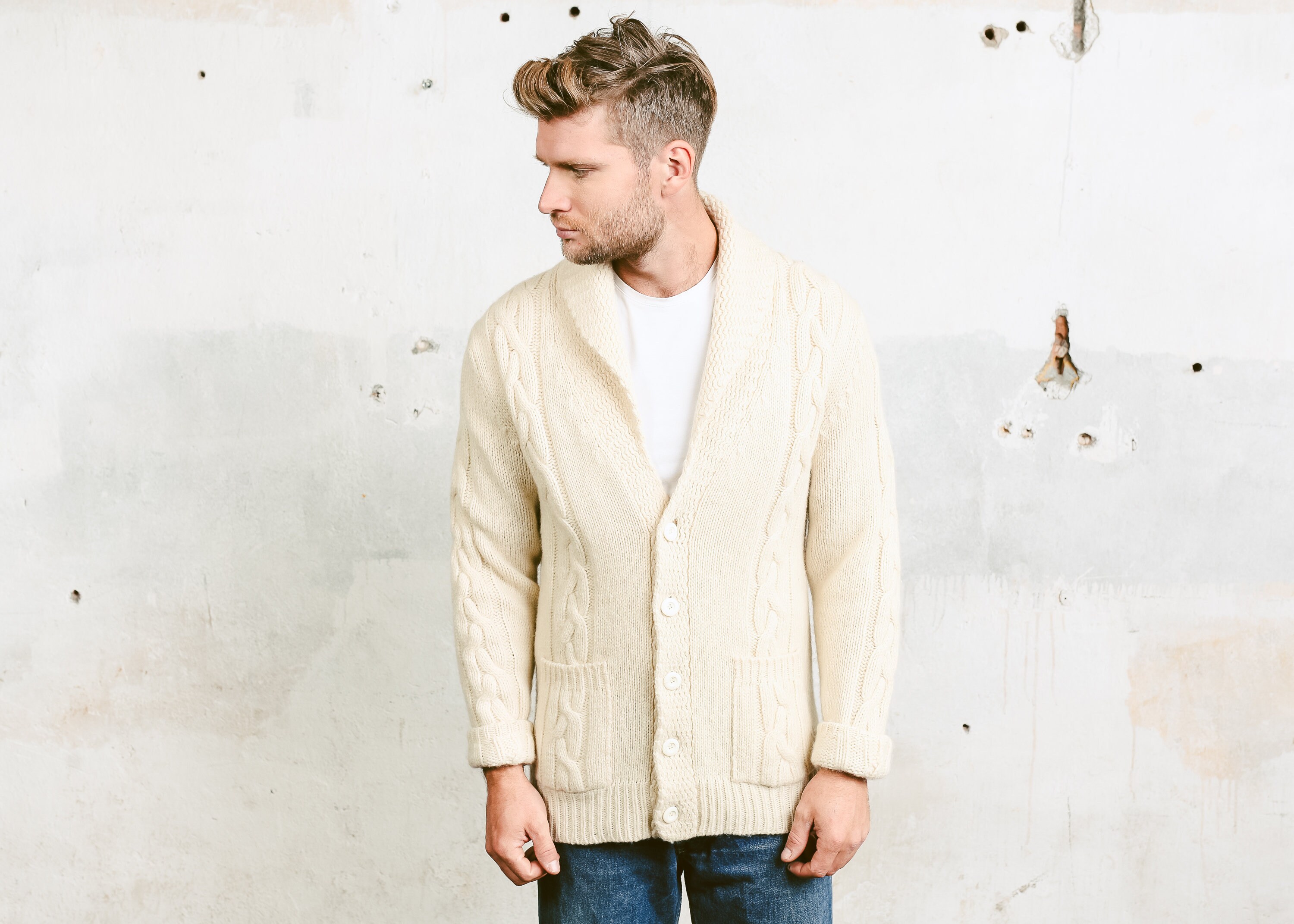 Fishermen Wool Cardigan . Vintage Men 1970s Aran Knit Beige Chunky
