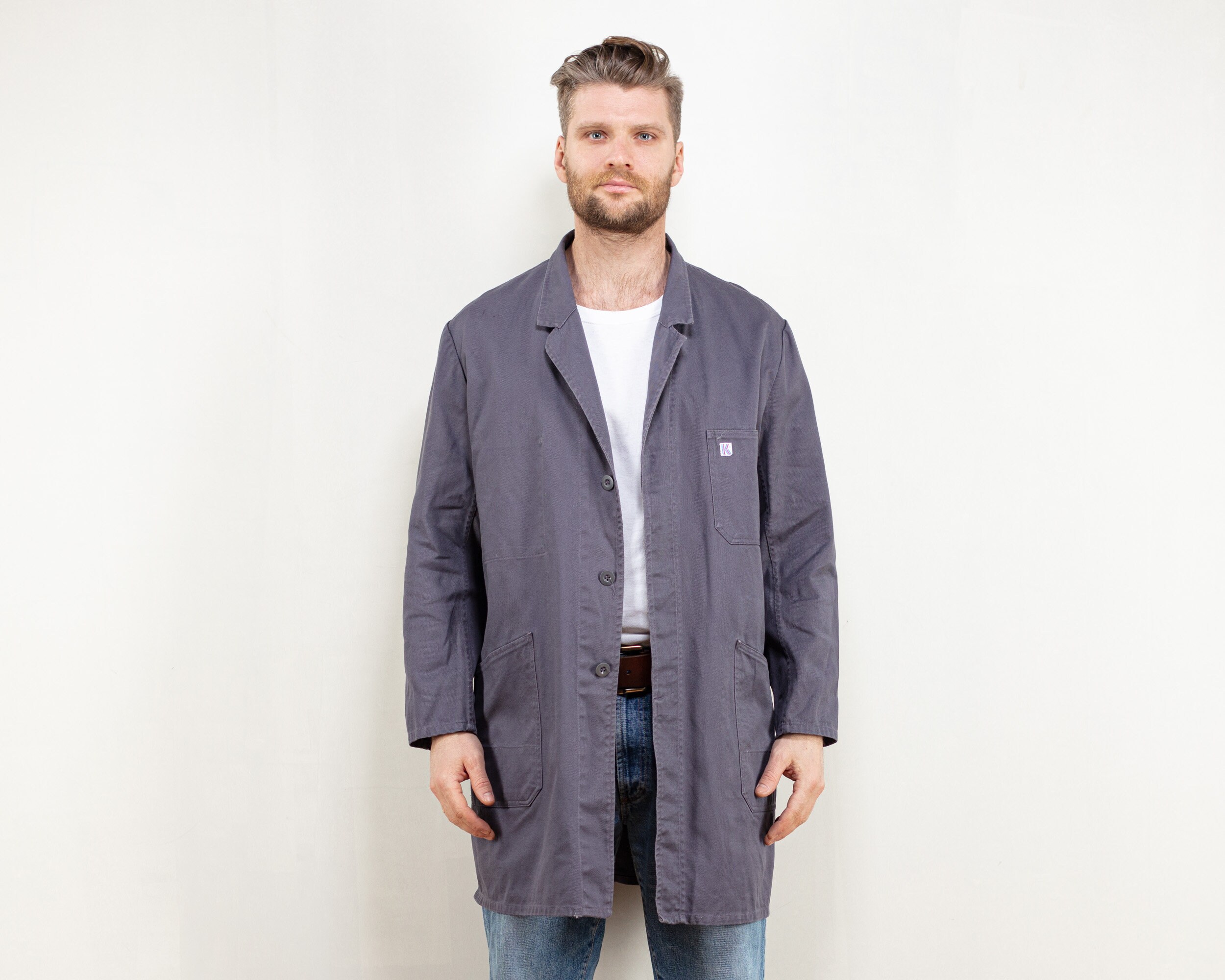 Vintage Grey Chore Coat work 1990's men workwear outerwear mechanic jacket boyfriend gift canvas 