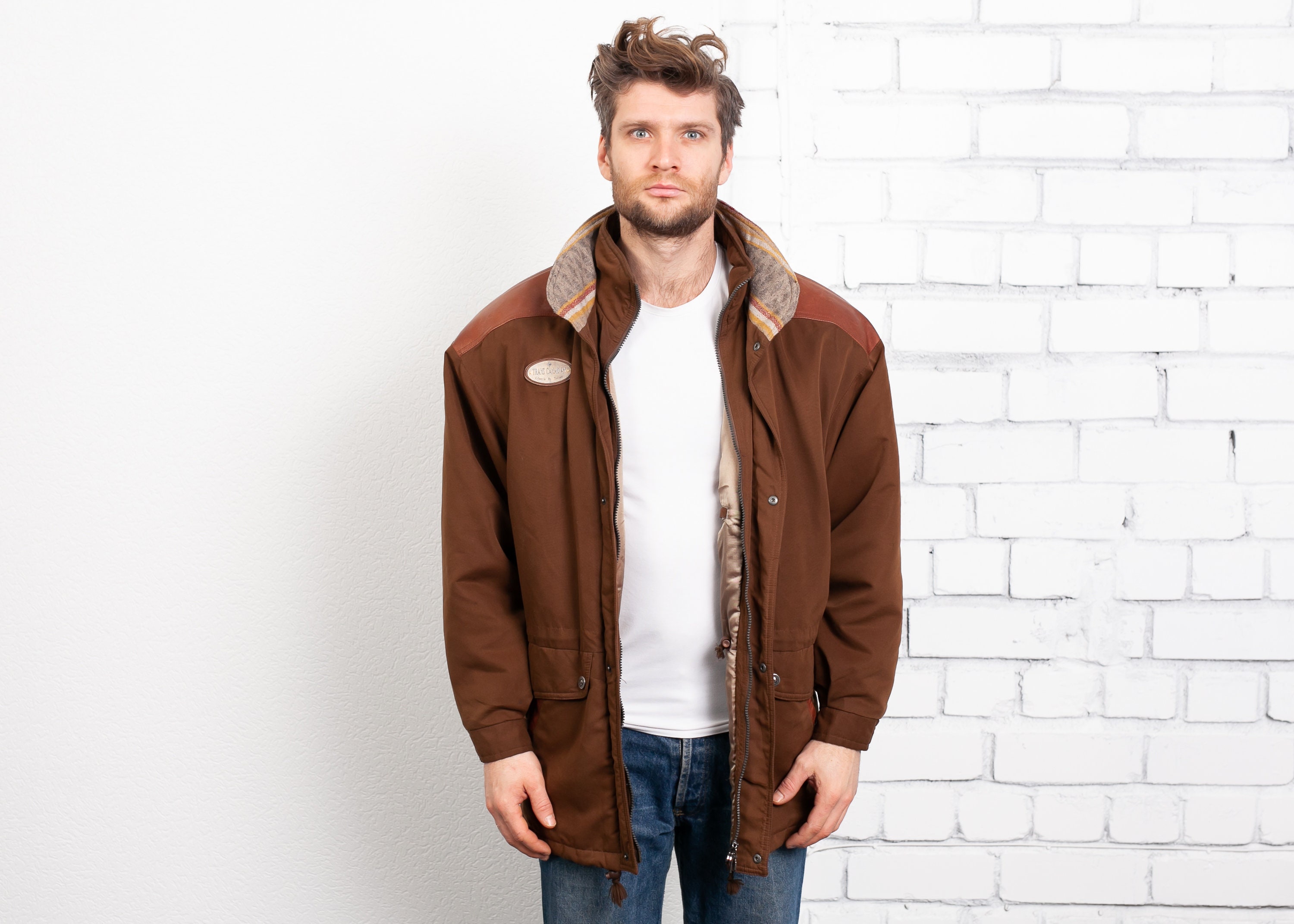 Brown Parka Coat . Vintage Men's Brown Jacket 90s Coat Hiking Jacket