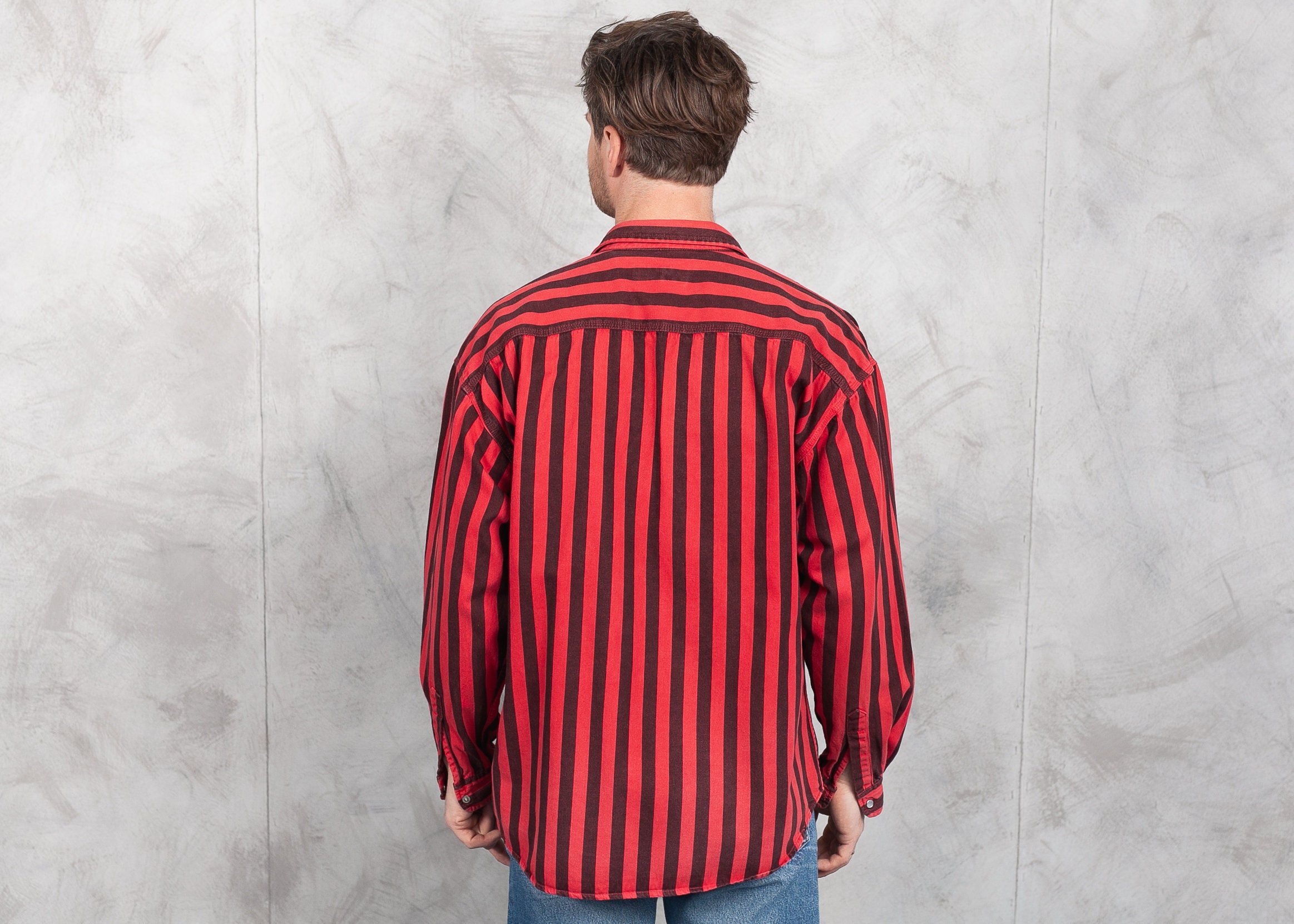 Vintage Striped Shirt . Men Black and Red Stripe Shirt Thick Cotton Shirt Long Sleeve 80s Shirt