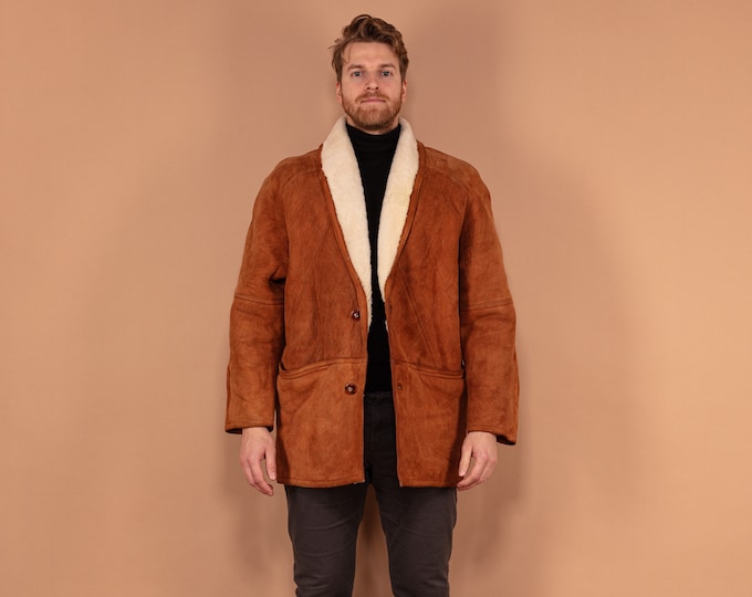 Men Boho Shearling Coat 80's, Size Large, Vintage Caramel Brown Sheepskin Suede Coat, Cozy Thick Winter Coat, Genuine Lambsfur Coat