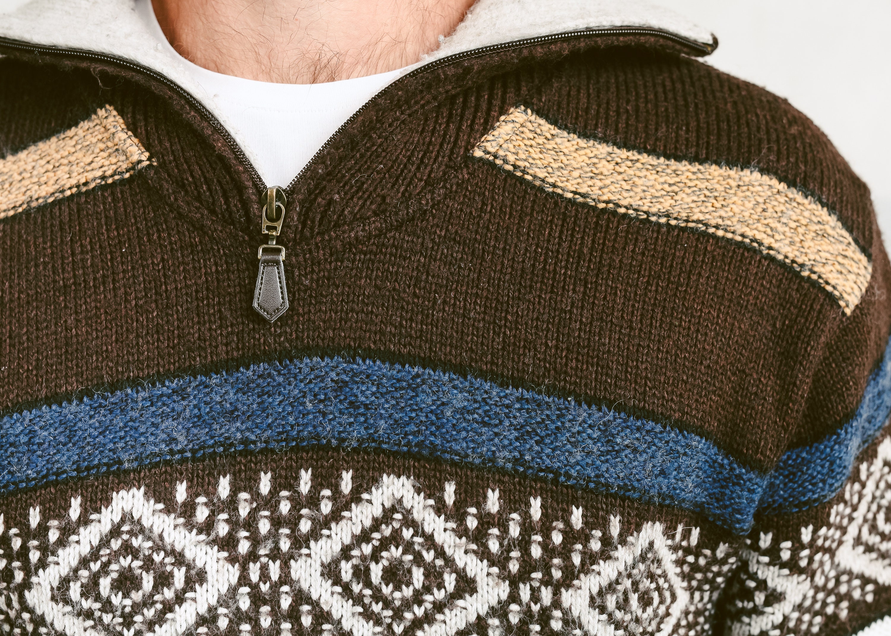 Men's Patterned Zip Neck Sweater . Vintage Geometric Sweater Knitted