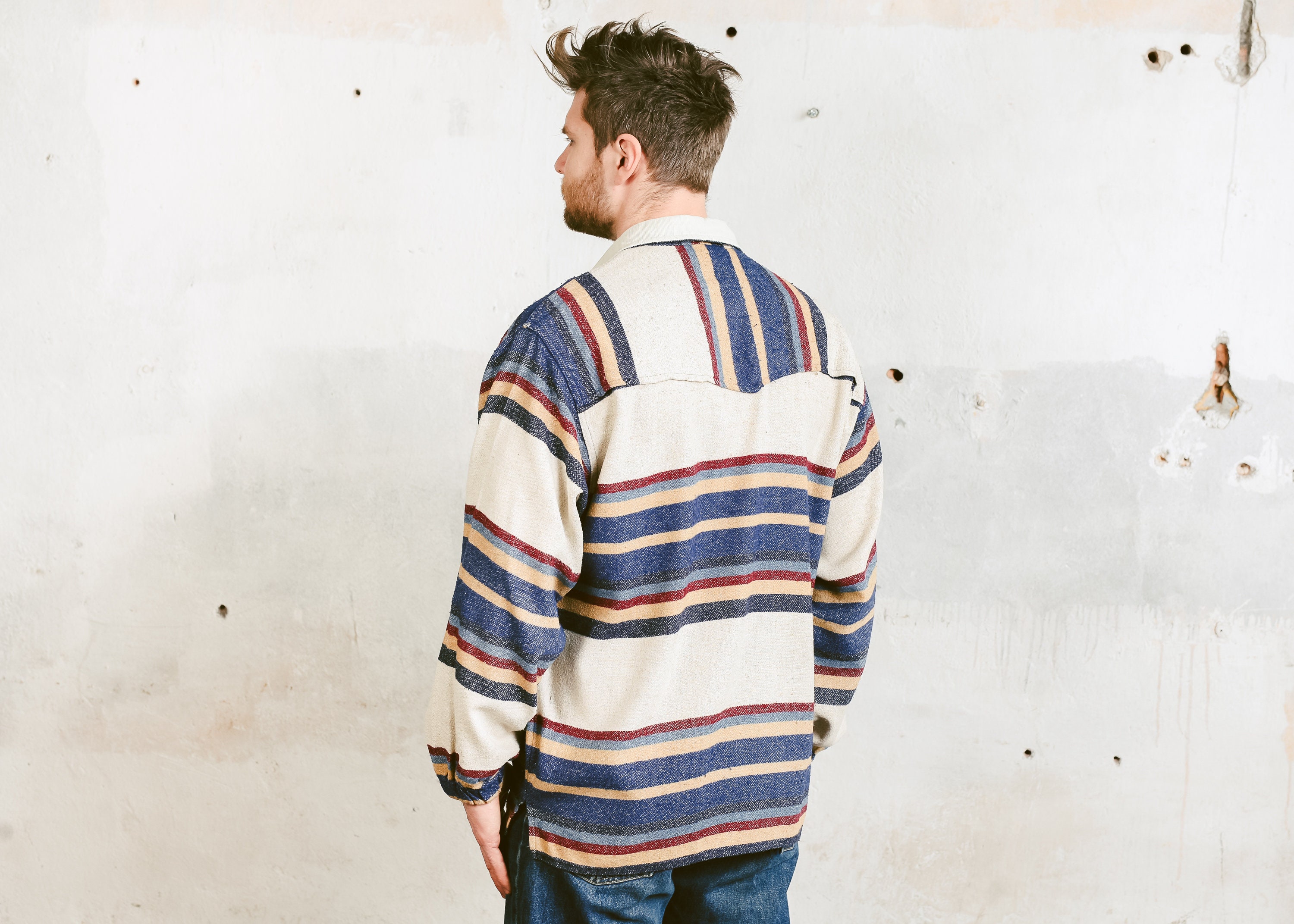 Mens Aztec Jacket . Retro Track Jacket Zip Up Striped Sweater Vintage ...