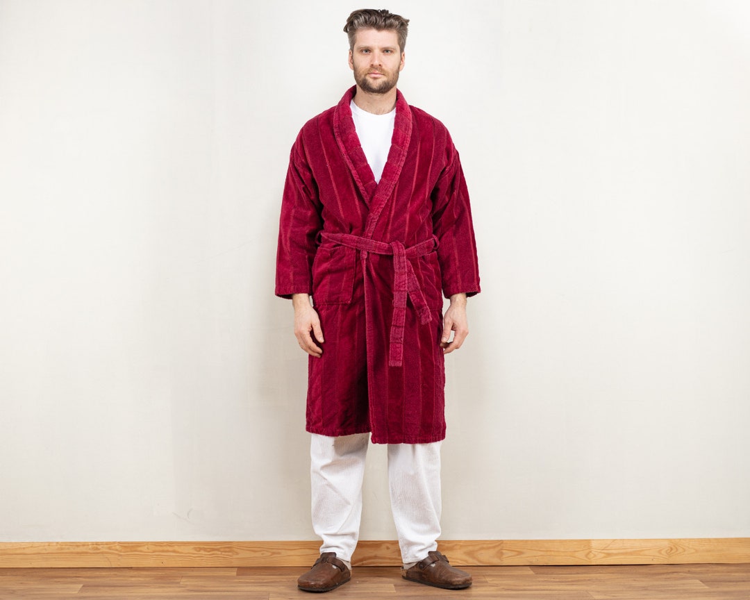 Men Dressing Gown Vintage 90's Morning Robe Bathrobe Red Terry Cotton Wrap Belted Hugh Hefner