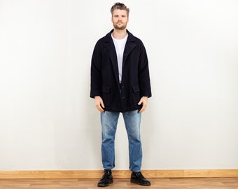 Men Wool Peacoat 70's vintage single breasted short coat dark blue wool minimalist overcoat winter autumn men casual smart coat size medium