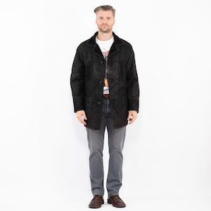 90s Classic Black Sheepskin Coat, Size M Men Sheepskin Coat, Black Leather Coat, Old Country Style, Black Shearling, Mens Clothing, Retro