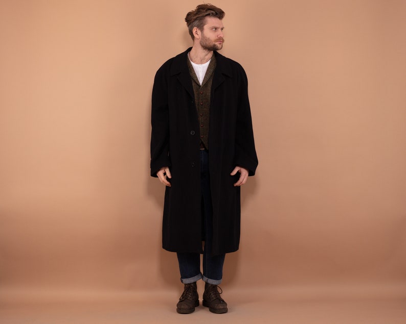 Men Cashmere Blend Coat 90's, Size XXL, Vintage Greatcoat, Navy Blue Wool and Cashmere Coat, Classic Style Outerwear, Minimalist Luxury Coat zdjęcie 1