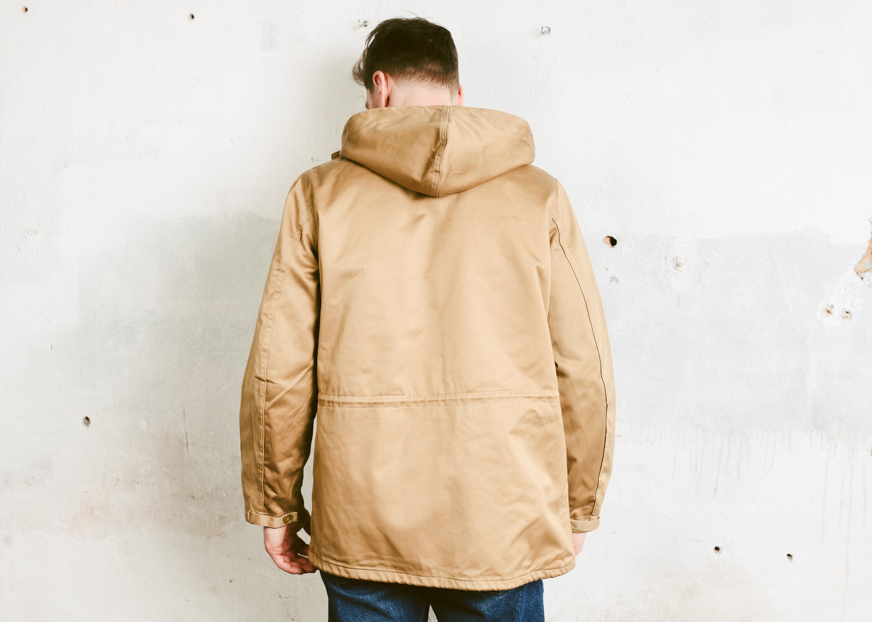 Beige Men Parka Coat . 1970s Hooded Coat Faux Fur Lined Beige Jacket Military Army Style Jacket