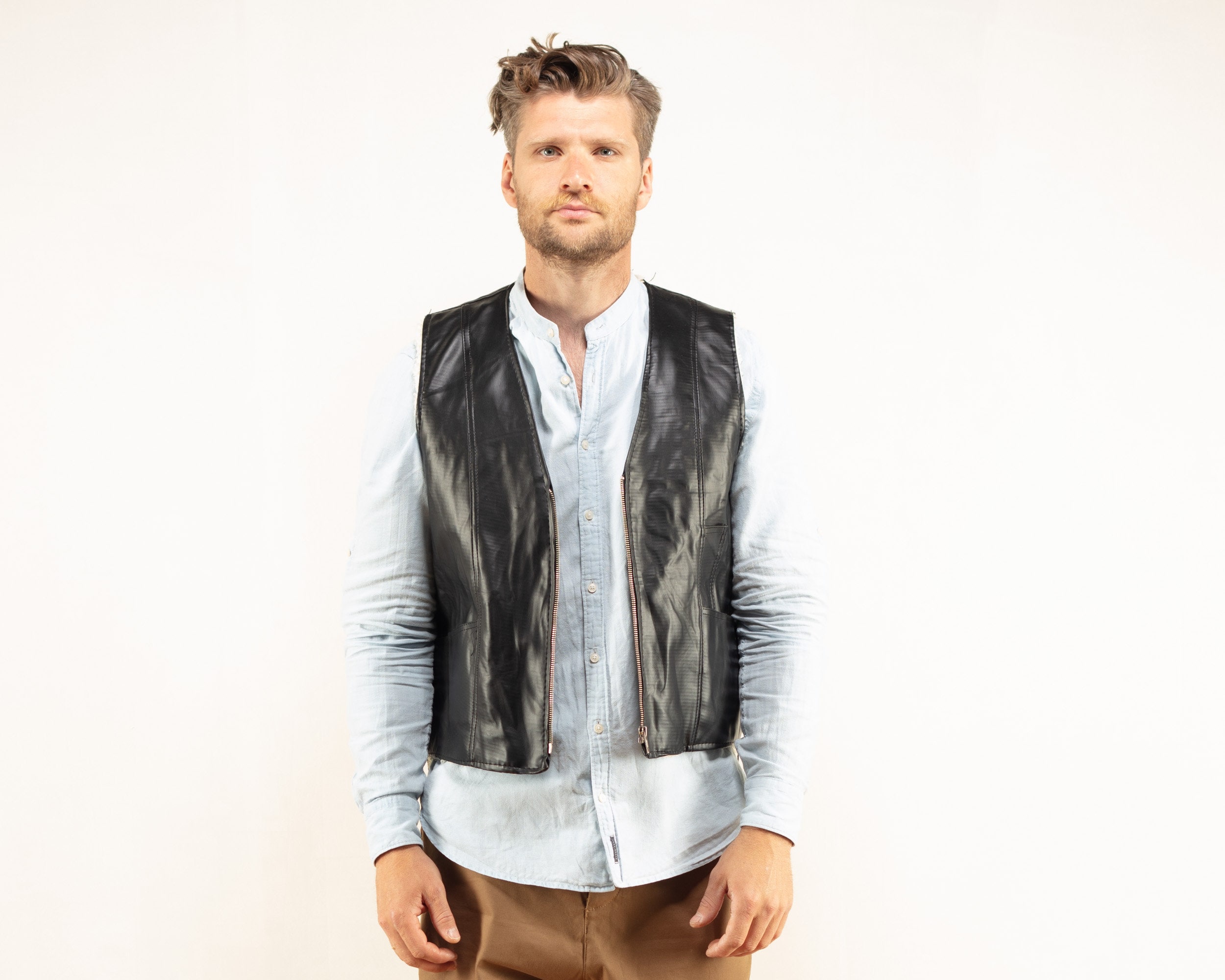 Black PVC Vest vintage 90's faux leather waistcoat 1990's sleeveless