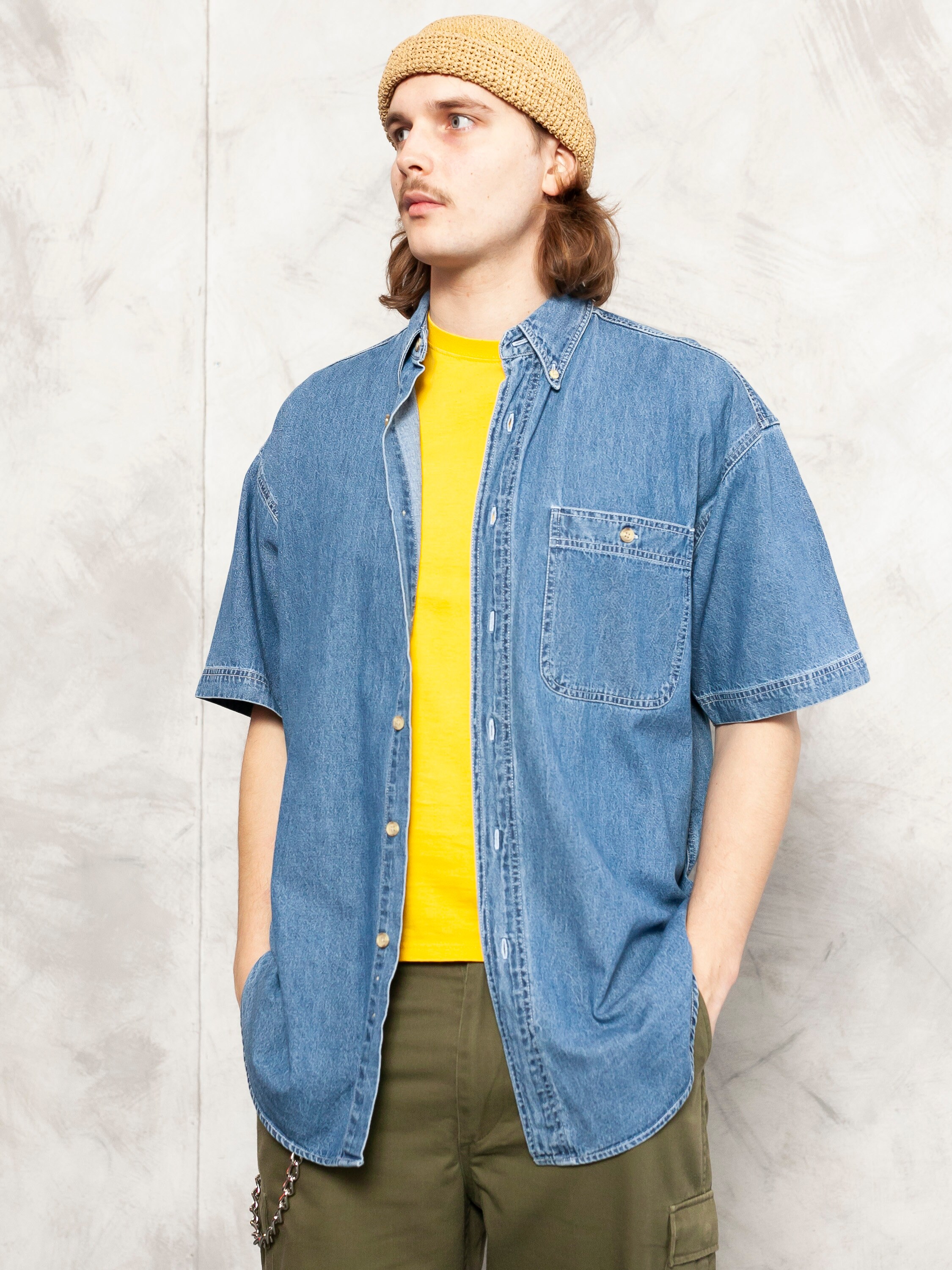 Denim Men Shirt vintage 90s short sleeve western shirt blue free fit jean shirt cotton button down shirt men clothing size xl extra large