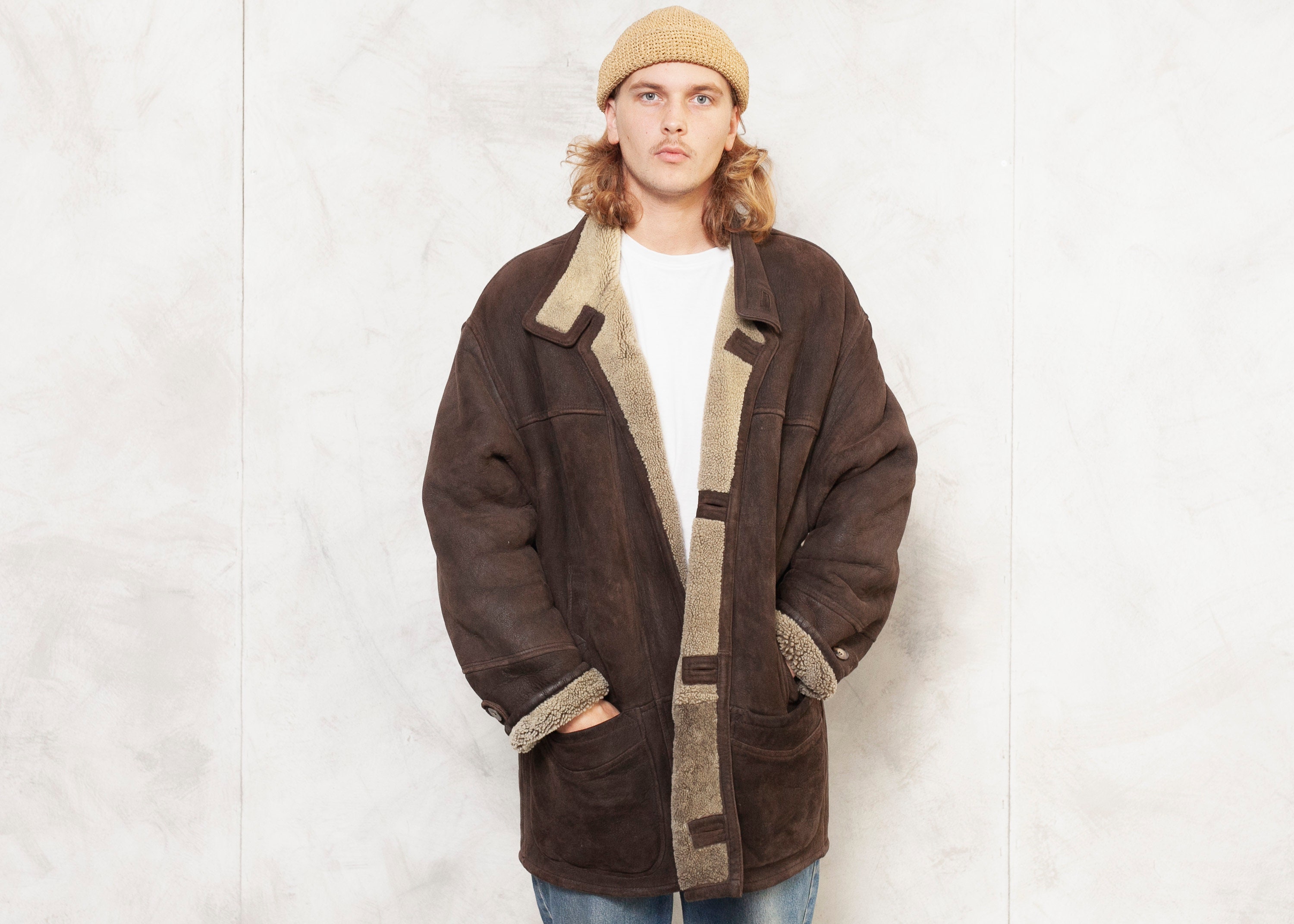 Thick Sheepskin Coat Vintage 80s Winter Shearling Coat Man Clothing ...