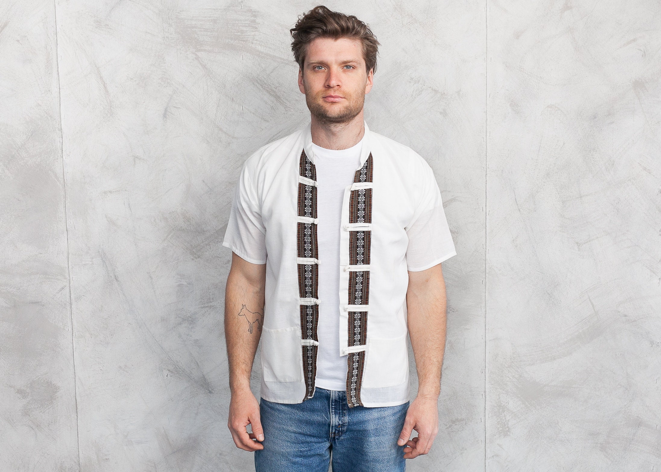 90s band collar shirt