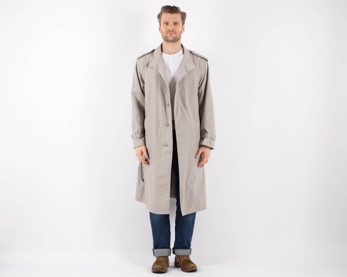 70s Vintage Gray Cotton Blend Trench Coat, Men's Size L, foto 1 di 5