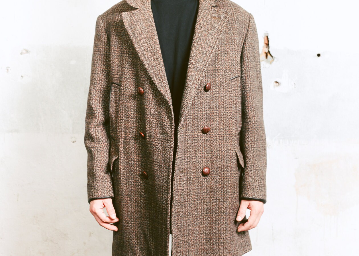 Vintage TWEED Coat . Retro Men's Brown Overcoat Winter Clothing Men's 1970s Jacket Chesterfield 