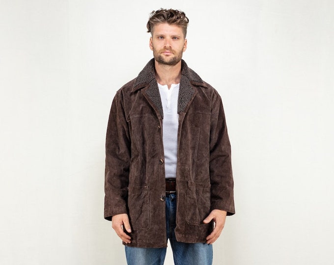Men Suede Jacket, Size Extra Large XL, Suede Leather Jacket, 90s Vintage Jacket, Brown Sherpa Blazer, Long Jacket,Fall Clothing,BetaMenswear
