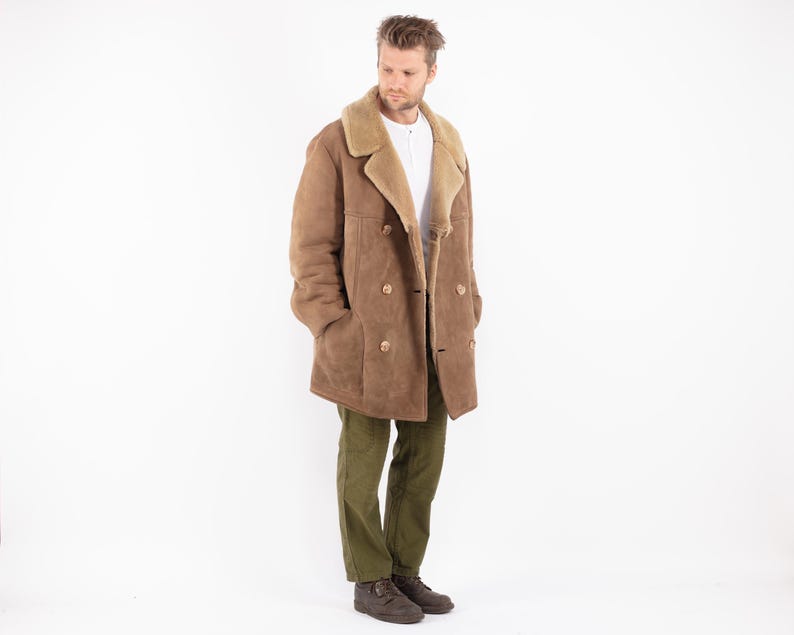 70's Beige Men Sheepskin Coat, Size L Vintage Classic Shearling Coat