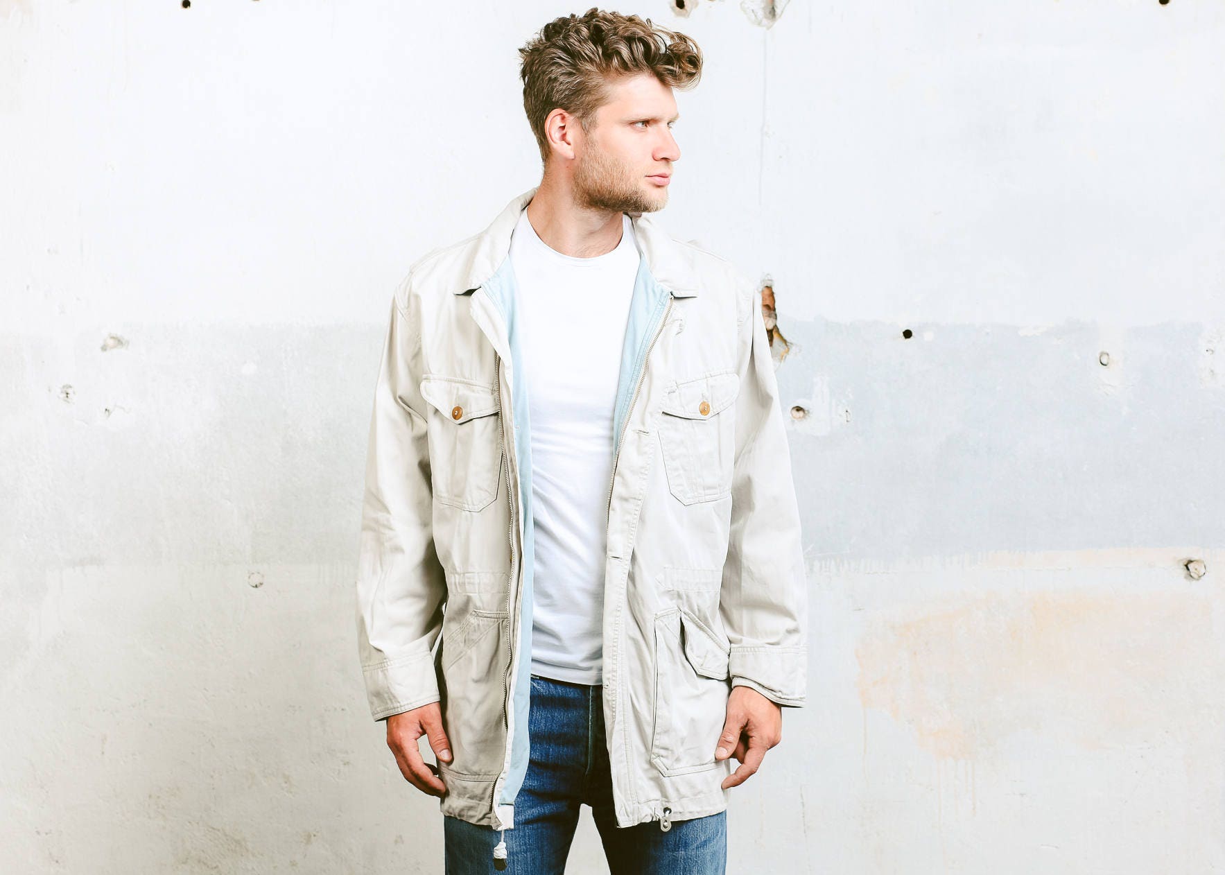 Beige Parka Jacket . Vintage 90s Men's Outdoors Jacket Outerwear Coat Cotton Parka Coat