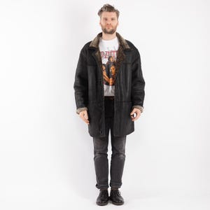90&#39;s Black Sheepskin Coat, Size XL Sheepskin Coat, Men Shearling Coat, Retro Leather Coat, Black Barn Coat, Mens Clothing, BetaMenswear